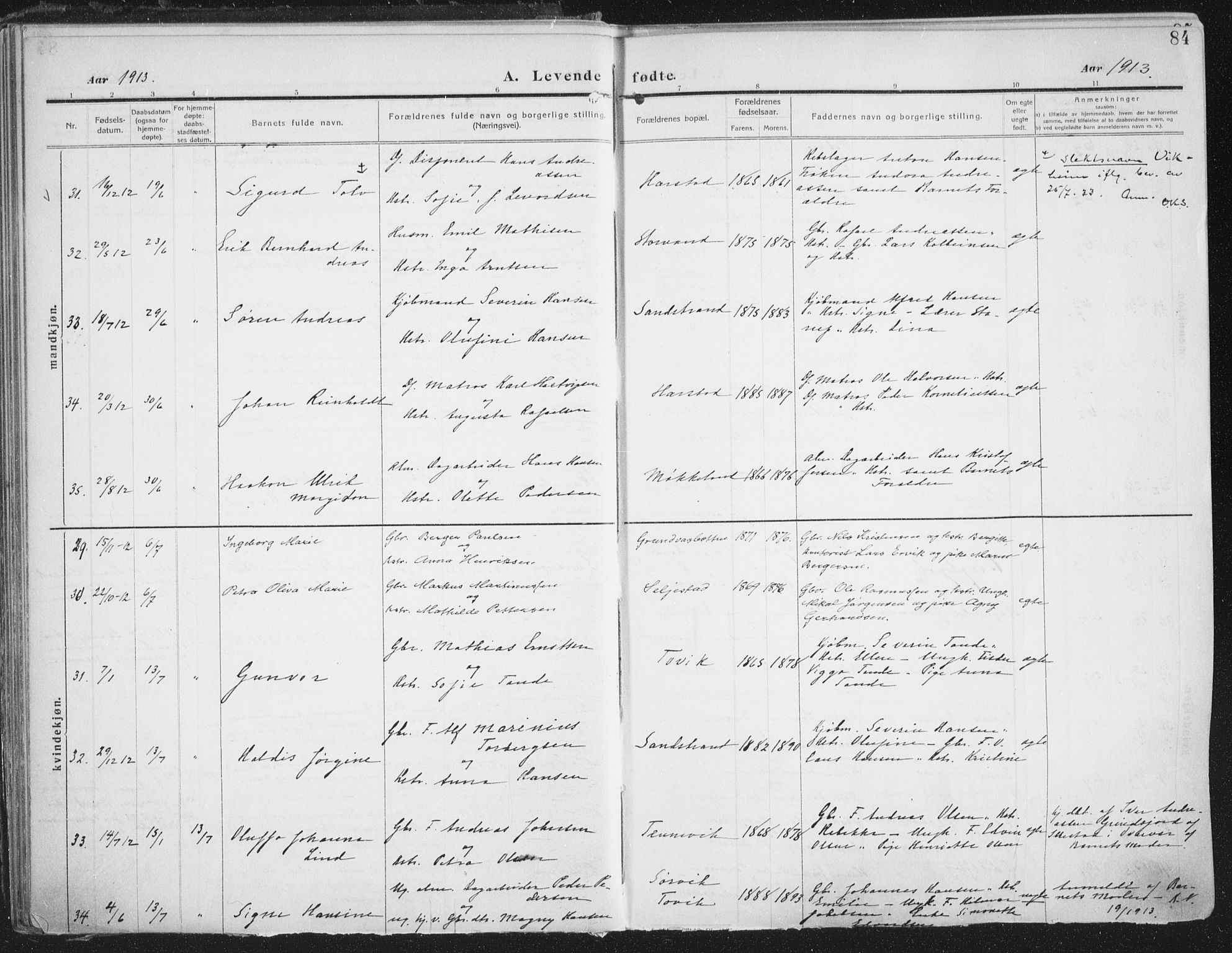 Trondenes sokneprestkontor, AV/SATØ-S-1319/H/Ha/L0018kirke: Parish register (official) no. 18, 1909-1918, p. 84