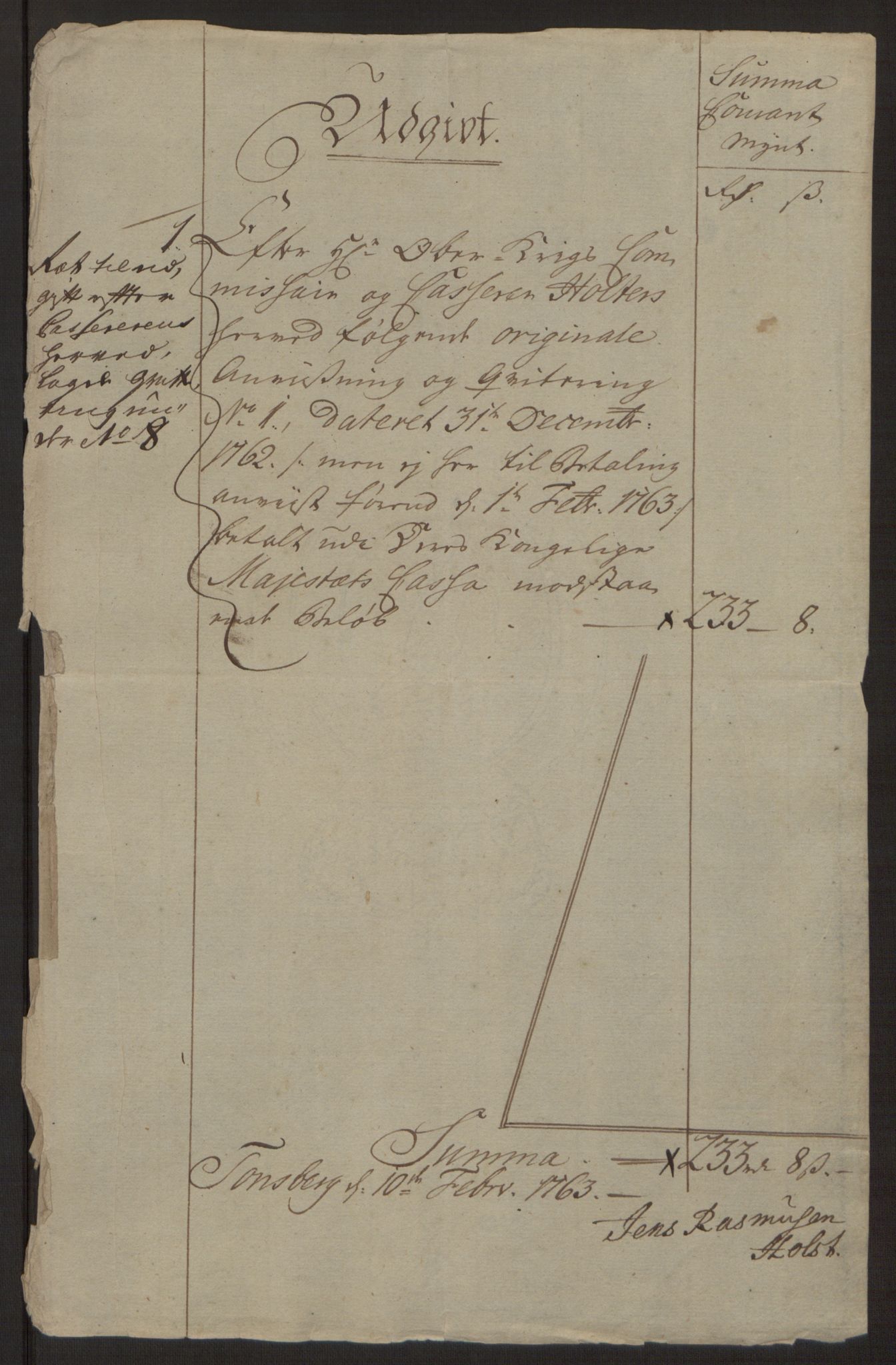 Rentekammeret inntil 1814, Reviderte regnskaper, Byregnskaper, AV/RA-EA-4066/R/Rh/L0162/0001: [H4] Kontribusjonsregnskap / Ekstraskatt, Tønsberg, 1762-1772, p. 6