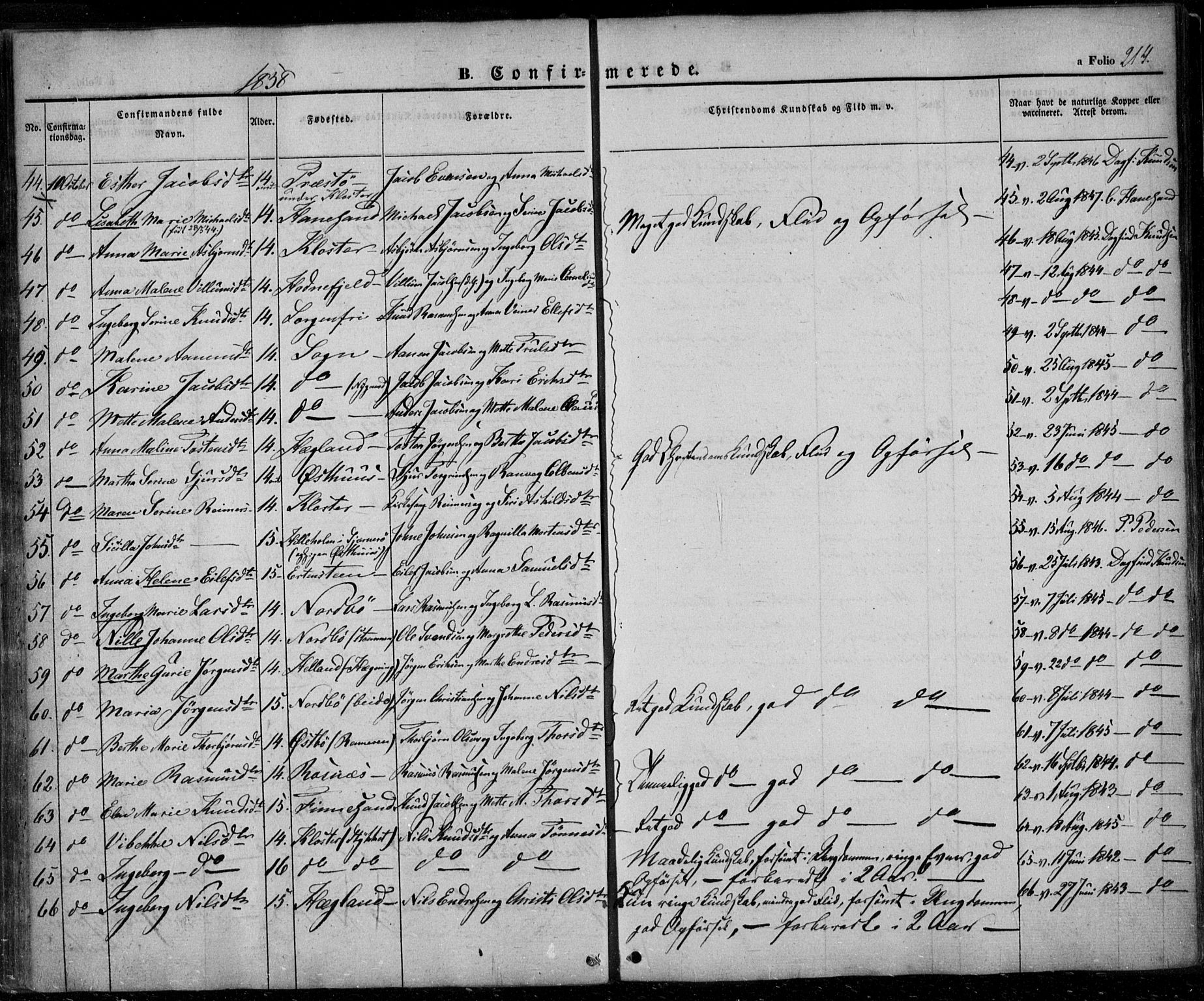 Rennesøy sokneprestkontor, SAST/A -101827/H/Ha/Haa/L0005: Parish register (official) no. A 5, 1838-1859, p. 214