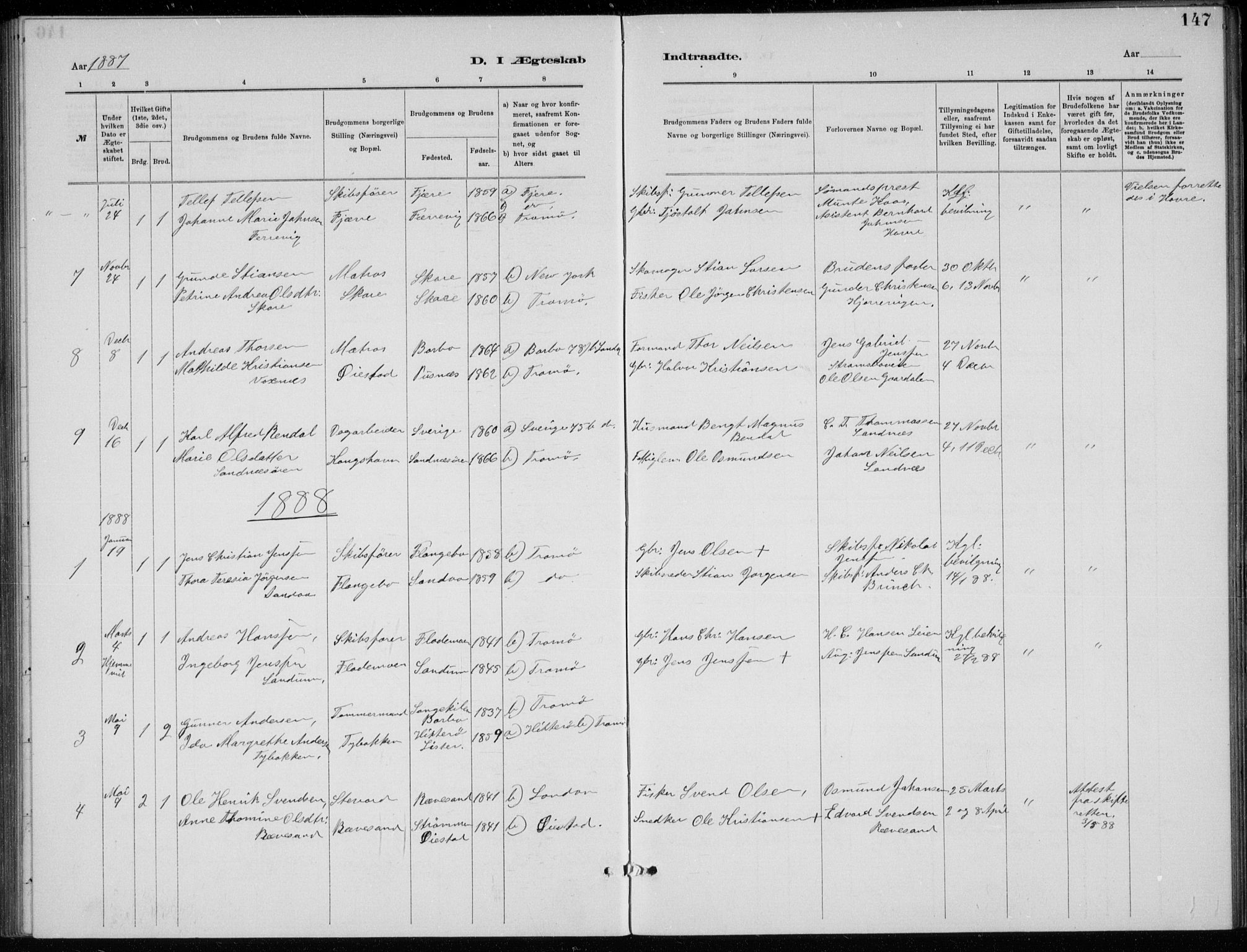 Tromøy sokneprestkontor, SAK/1111-0041/F/Fb/L0005: Parish register (copy) no. B 5, 1877-1891, p. 147