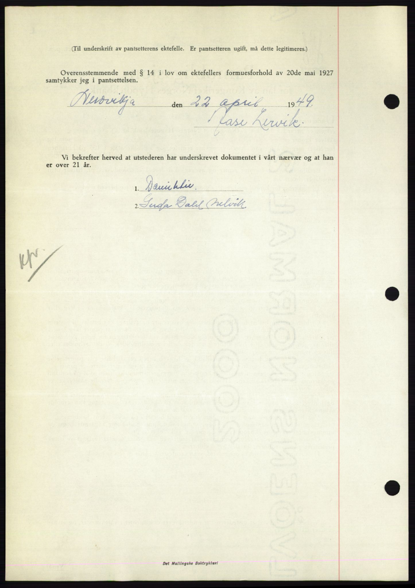 Nordmøre sorenskriveri, AV/SAT-A-4132/1/2/2Ca: Mortgage book no. B101, 1949-1949, Diary no: : 1219/1949
