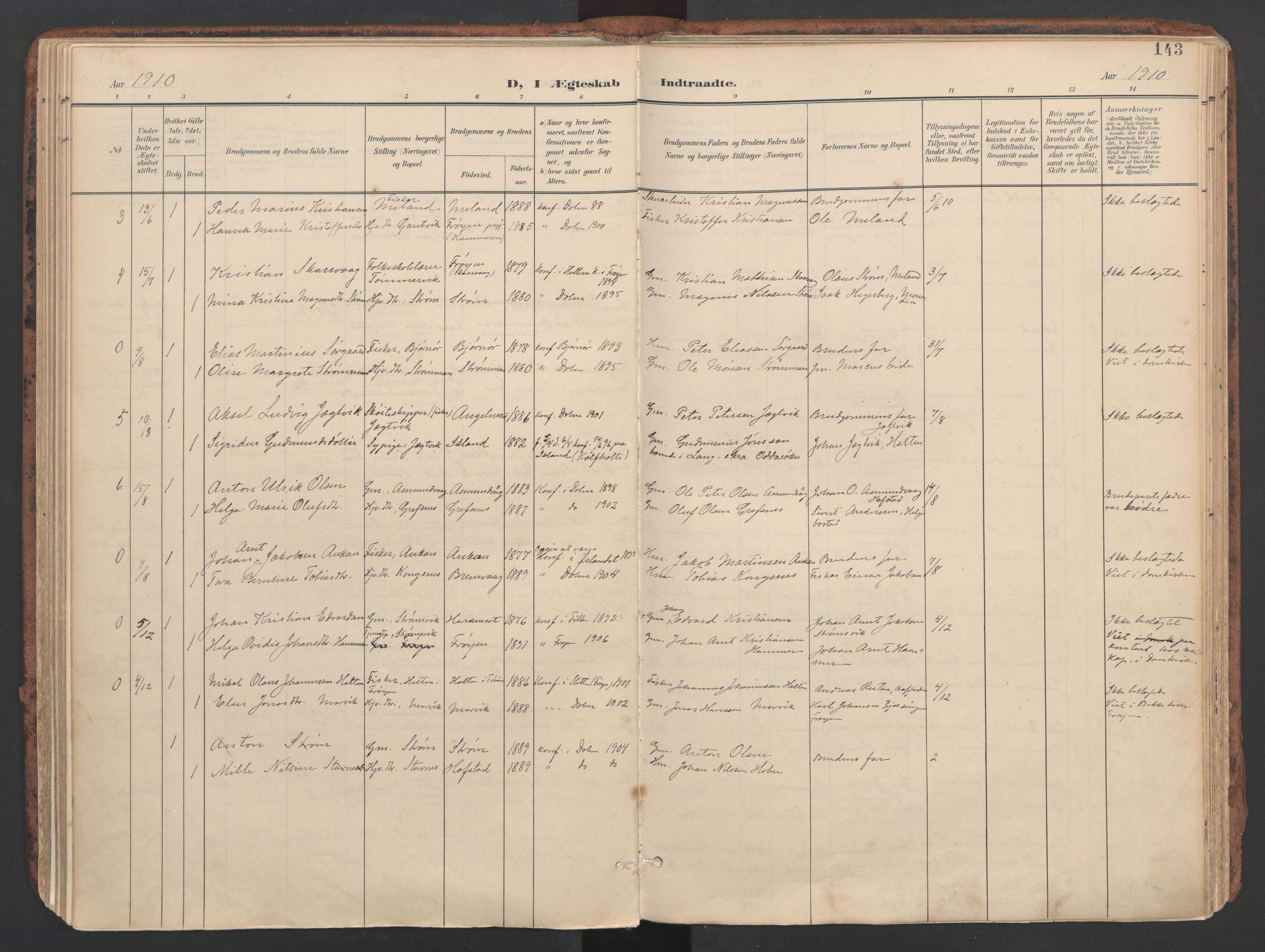 Ministerialprotokoller, klokkerbøker og fødselsregistre - Sør-Trøndelag, SAT/A-1456/634/L0537: Parish register (official) no. 634A13, 1896-1922, p. 143
