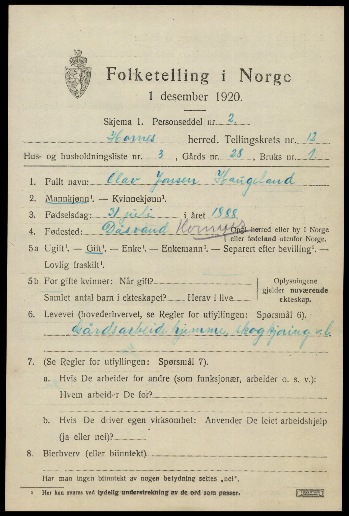 SAK, 1920 census for Hornnes, 1920, p. 2899