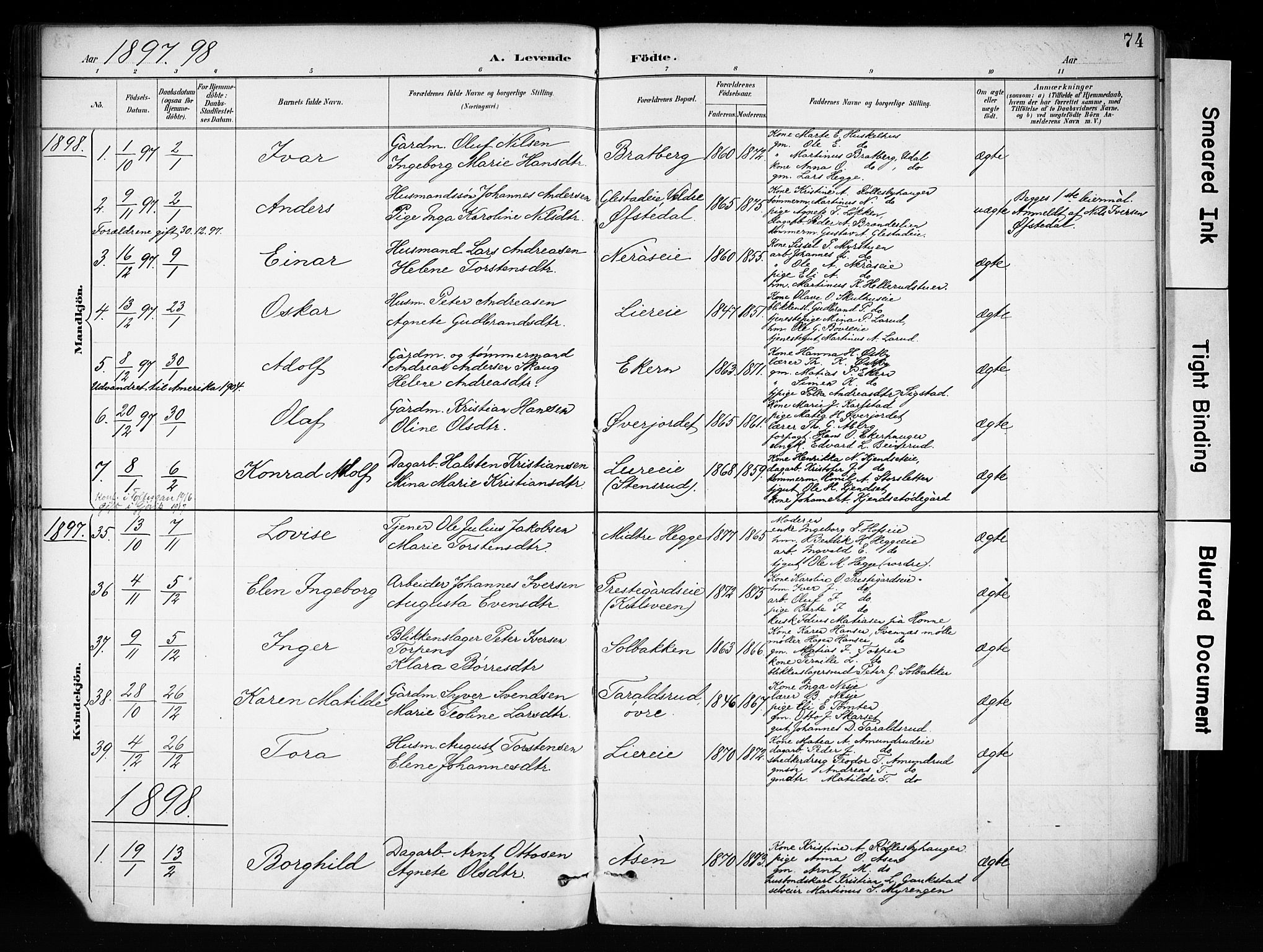 Biri prestekontor, SAH/PREST-096/H/Ha/Haa/L0009: Parish register (official) no. 9, 1887-1900, p. 74