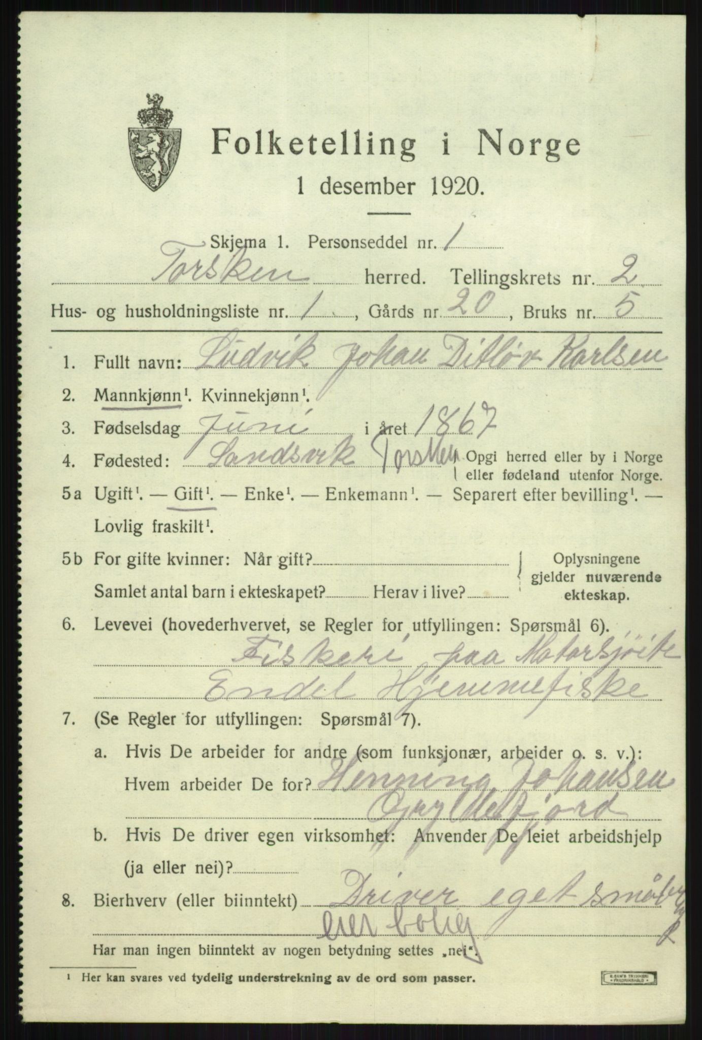 SATØ, 1920 census for Torsken, 1920, p. 687