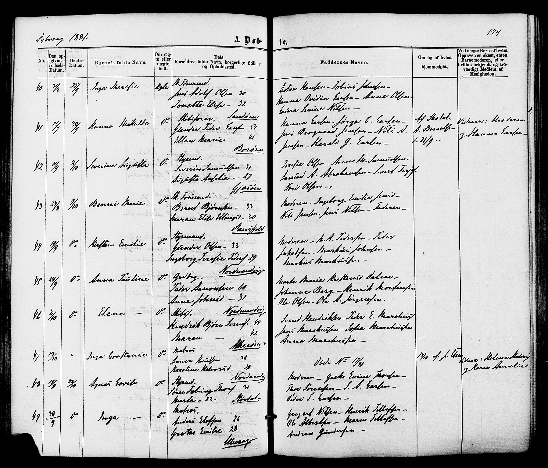 Dypvåg sokneprestkontor, AV/SAK-1111-0007/F/Fa/Faa/L0007: Parish register (official) no. A 7/ 1, 1872-1884, p. 154