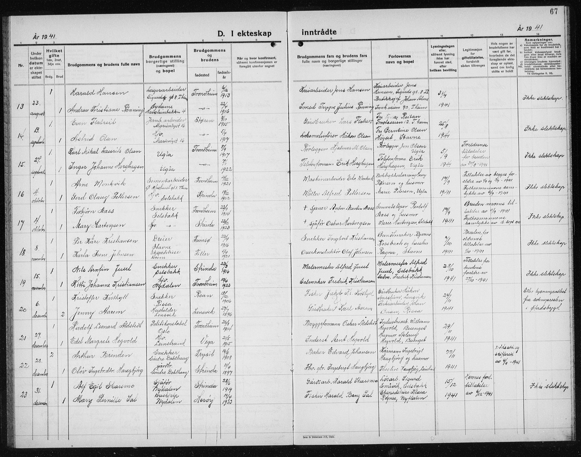 Ministerialprotokoller, klokkerbøker og fødselsregistre - Sør-Trøndelag, SAT/A-1456/611/L0357: Parish register (copy) no. 611C05, 1938-1942, p. 67