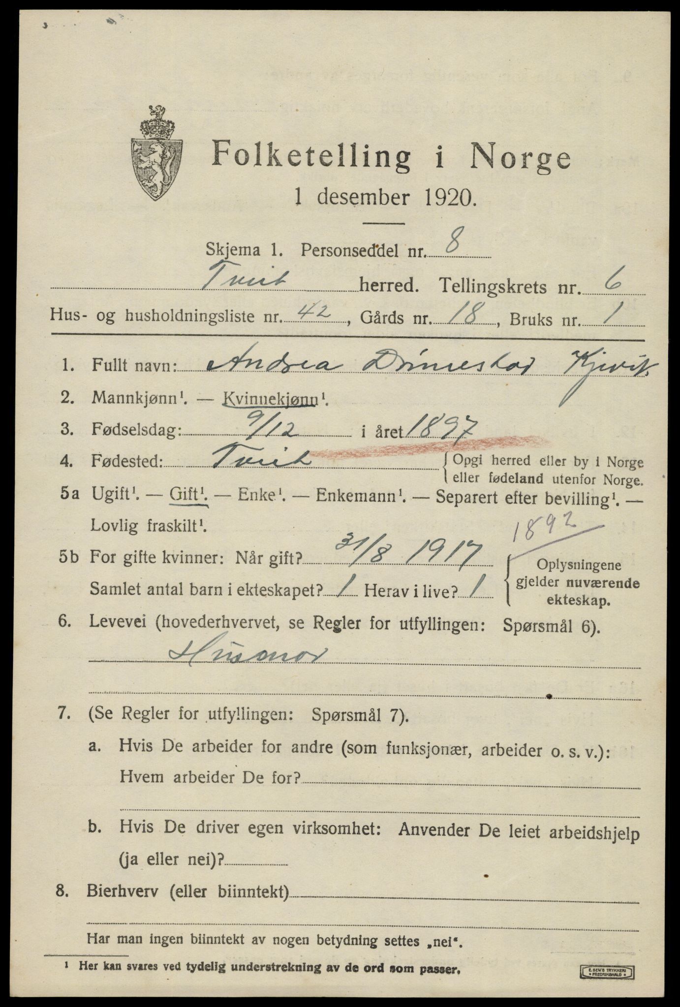 SAK, 1920 census for Tveit, 1920, p. 3160