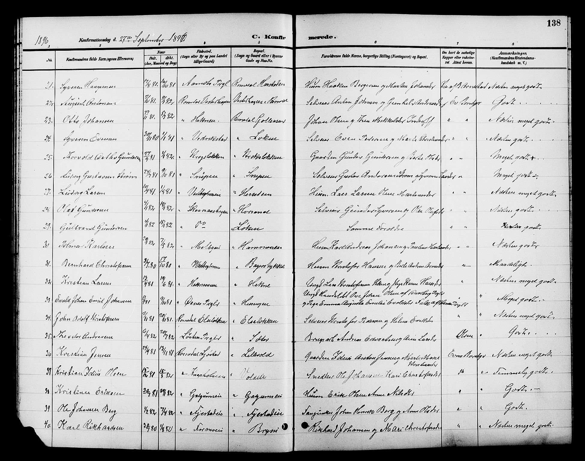 Romedal prestekontor, AV/SAH-PREST-004/L/L0012: Parish register (copy) no. 12, 1896-1914, p. 138