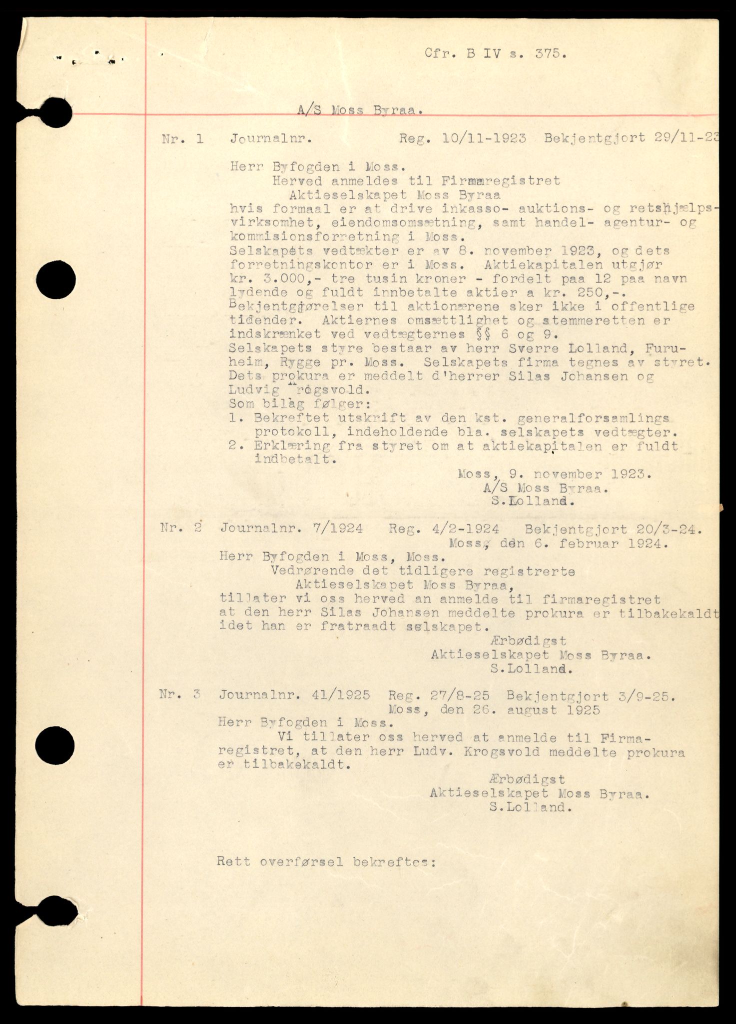 Moss tingrett, SAT/A-10063/K/Kc/Kca/L0020: Aksjeselskap, Moss Byr - Moss Por, 1944-1990, p. 1