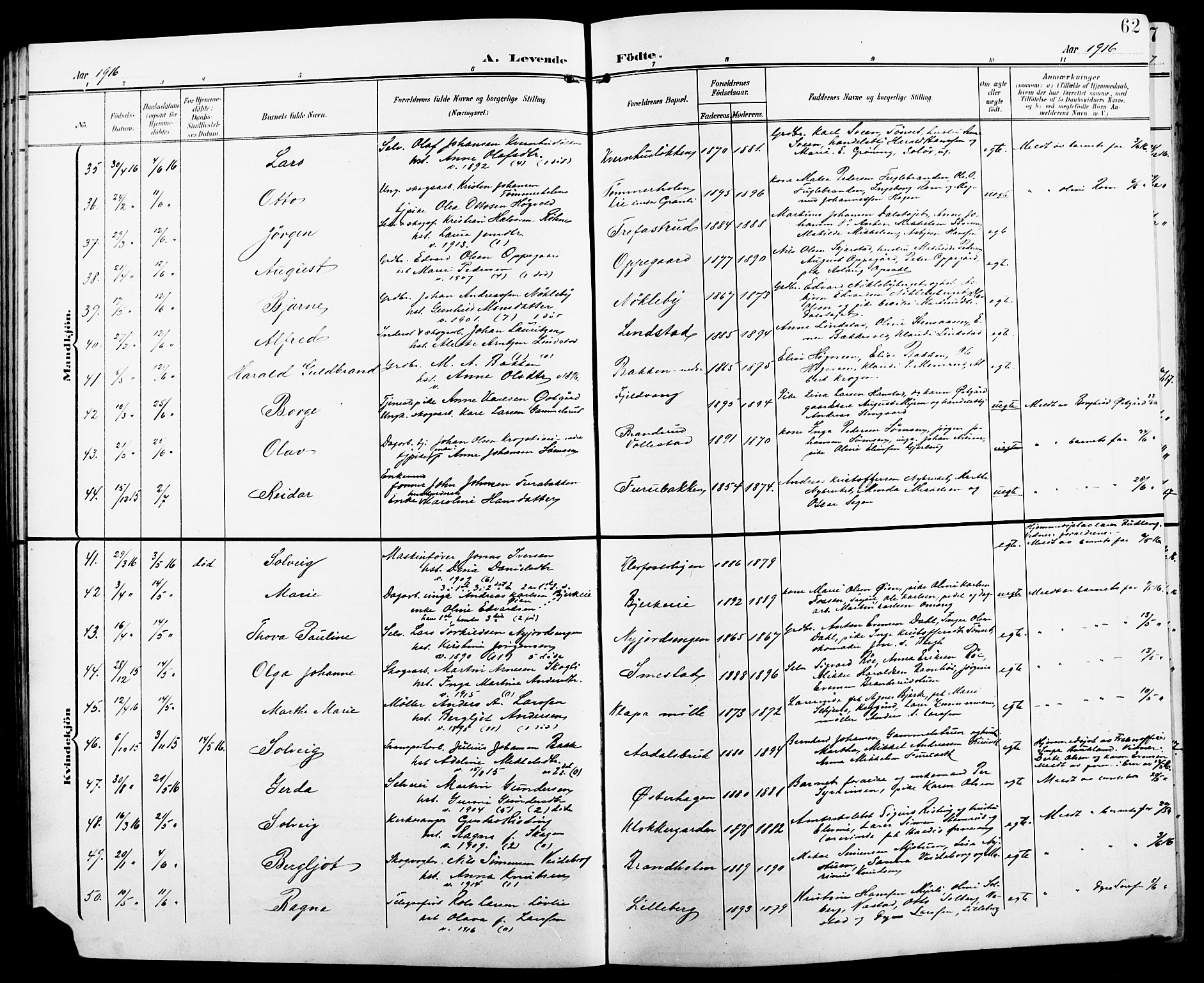 Løten prestekontor, AV/SAH-PREST-022/L/La/L0007: Parish register (copy) no. 7, 1910-1919, p. 62