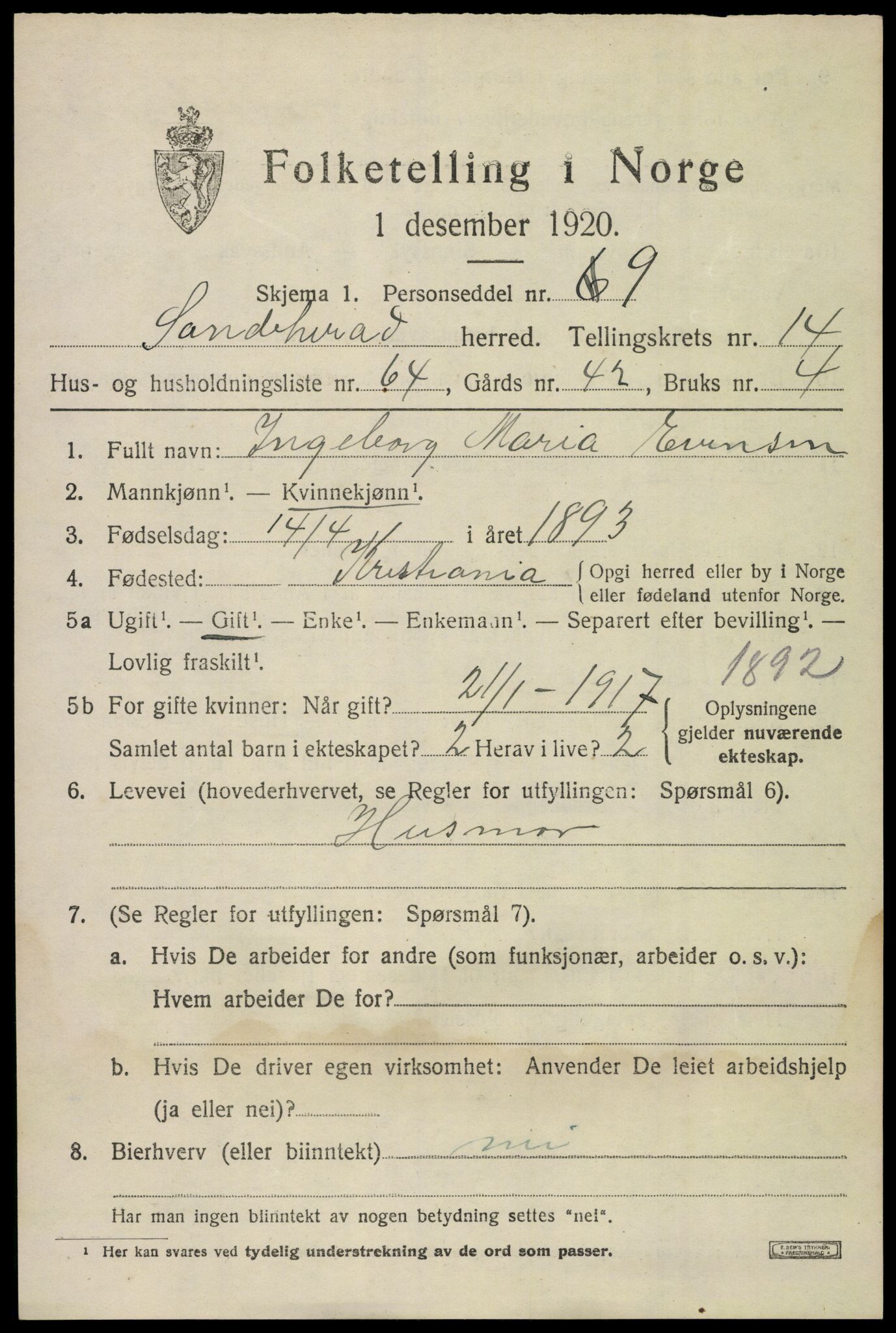SAKO, 1920 census for Sandeherred, 1920, p. 21152