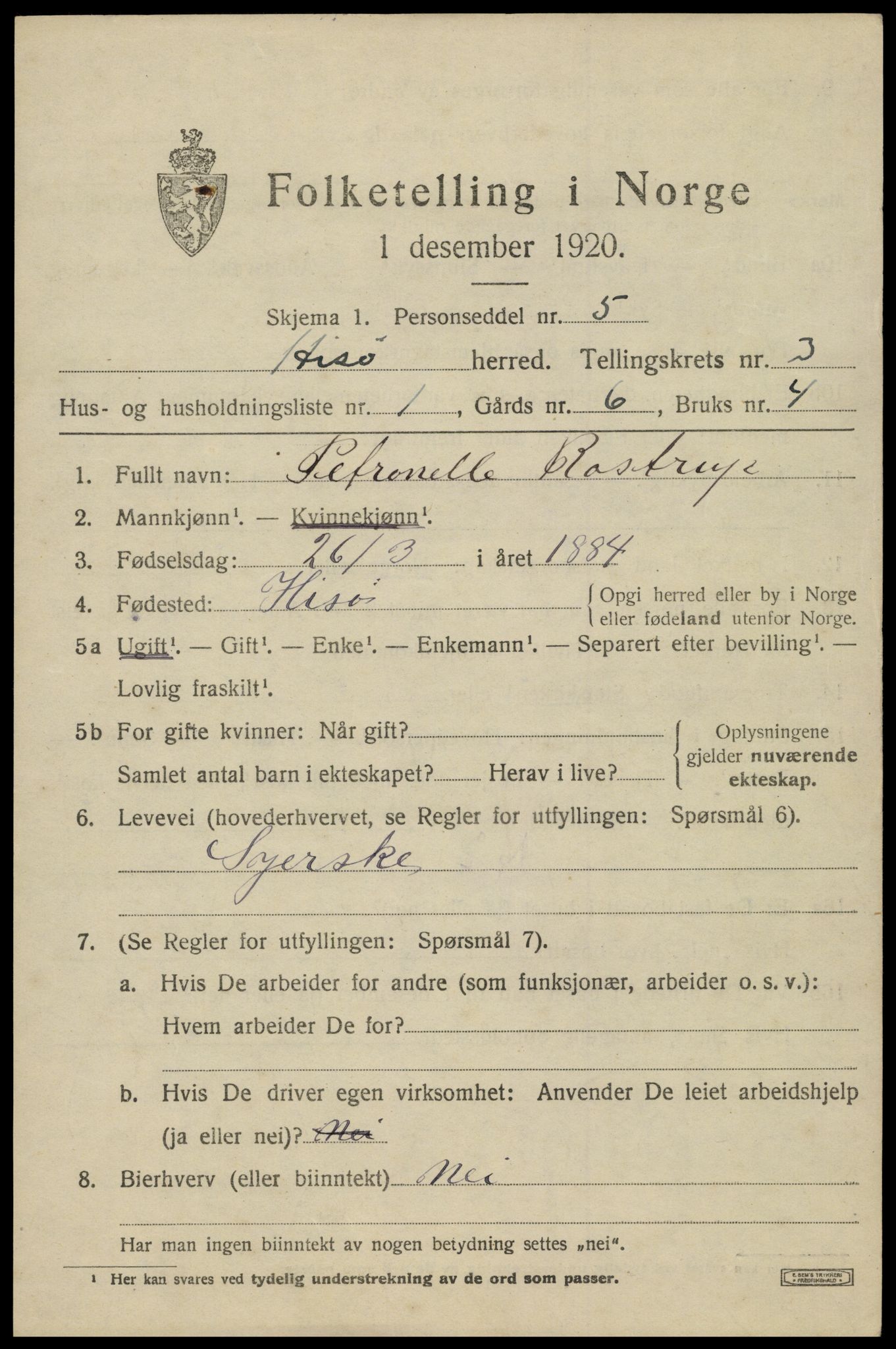 SAK, 1920 census for Hisøy, 1920, p. 3980