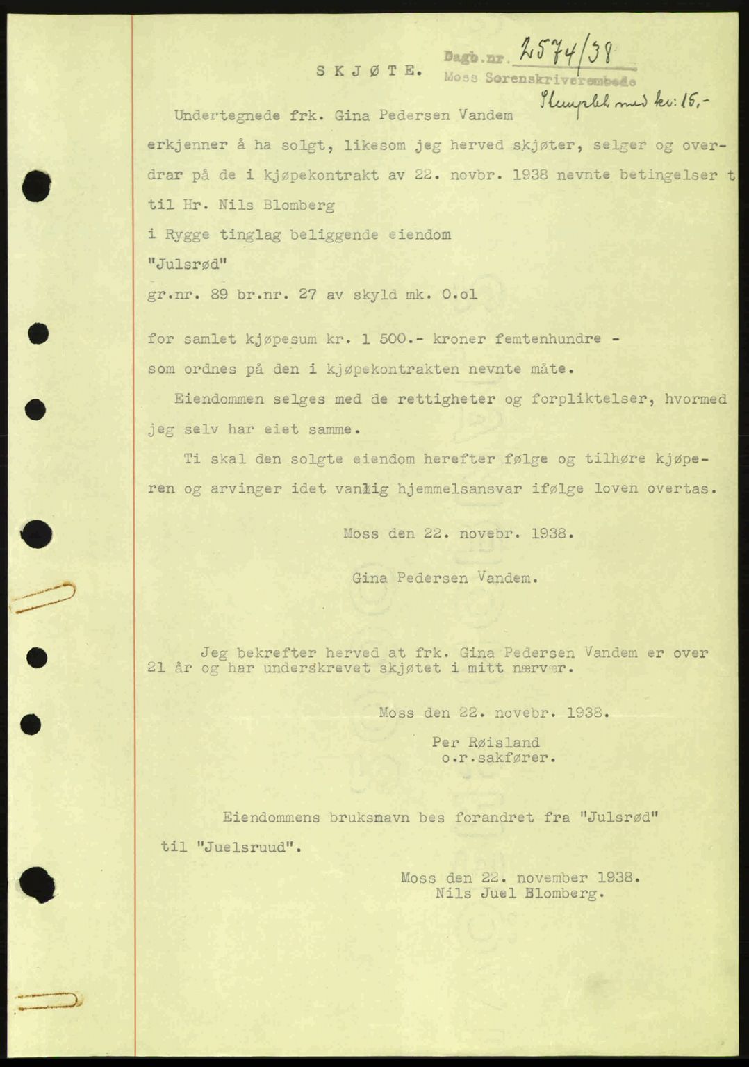 Moss sorenskriveri, SAO/A-10168: Mortgage book no. A5, 1938-1939, Diary no: : 2574/1938