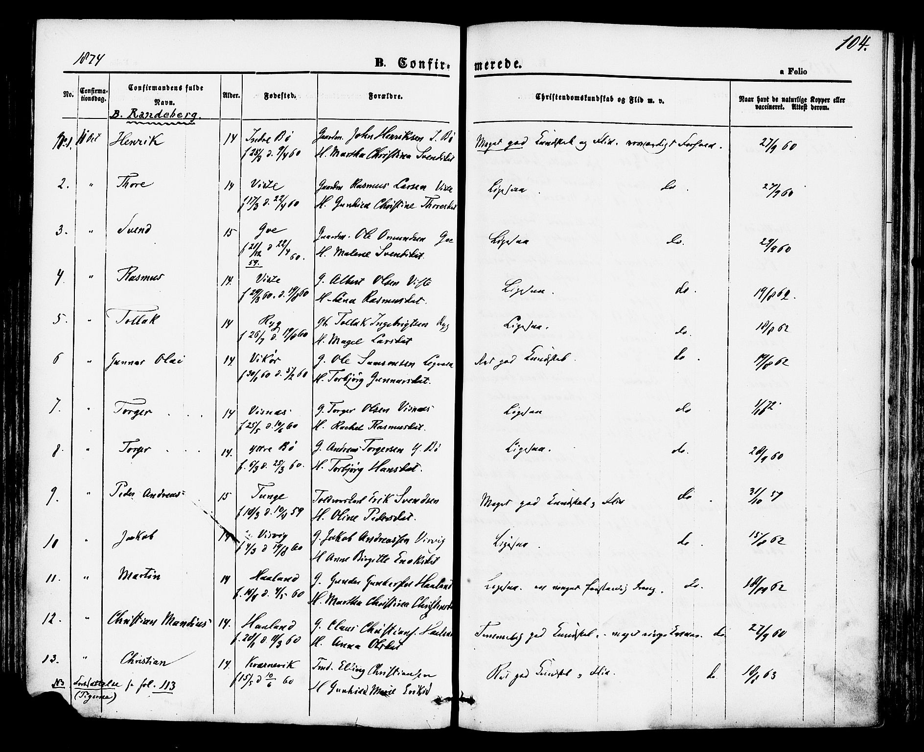 Hetland sokneprestkontor, AV/SAST-A-101826/30/30BA/L0004: Parish register (official) no. A 4, 1862-1881, p. 104