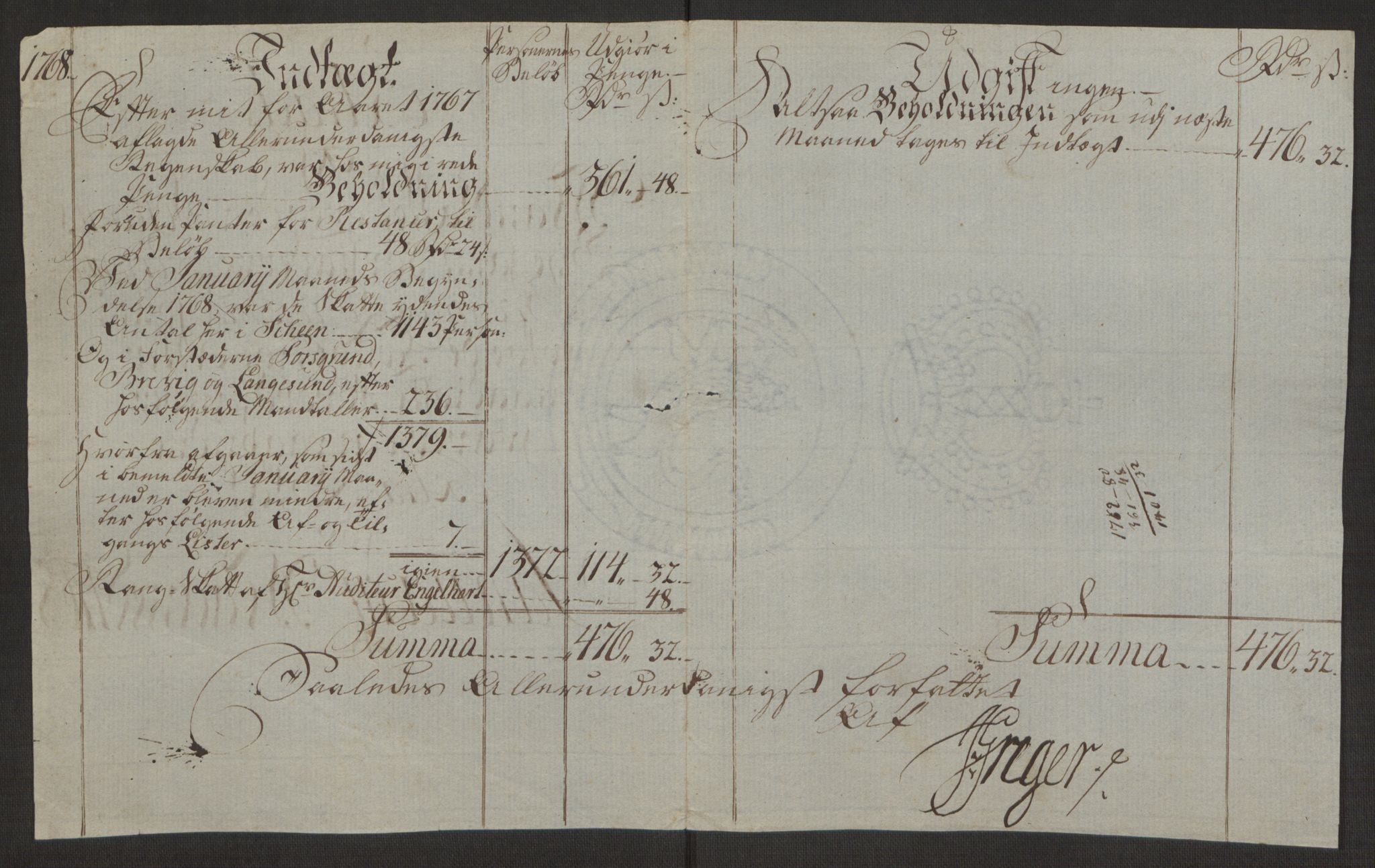 Rentekammeret inntil 1814, Reviderte regnskaper, Byregnskaper, RA/EA-4066/R/Rj/L0198/0001: [J4] Kontribusjonsregnskap / Ekstraskatt, 1762-1768, p. 479