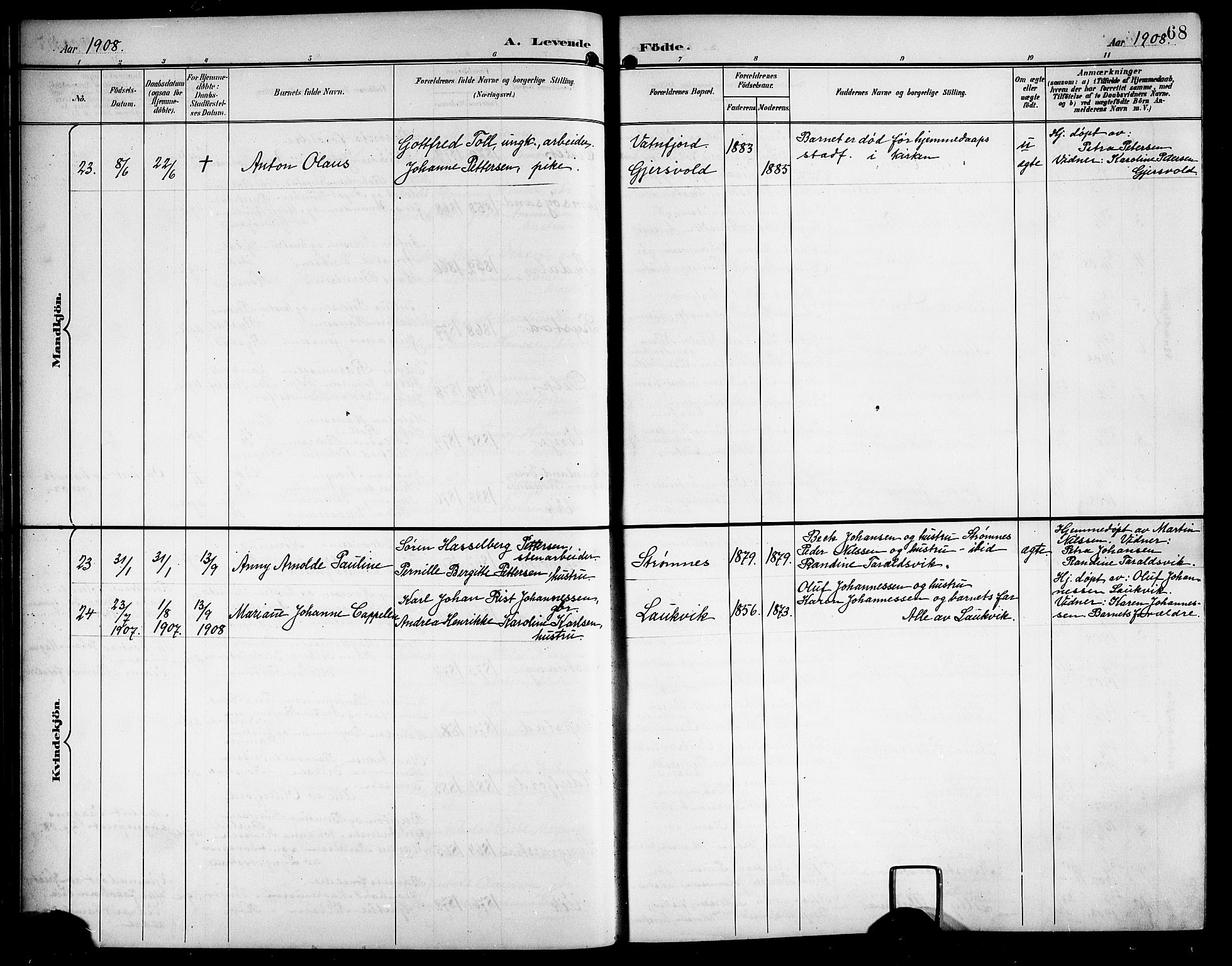 Ministerialprotokoller, klokkerbøker og fødselsregistre - Nordland, AV/SAT-A-1459/876/L1105: Parish register (copy) no. 876C04, 1896-1914, p. 68