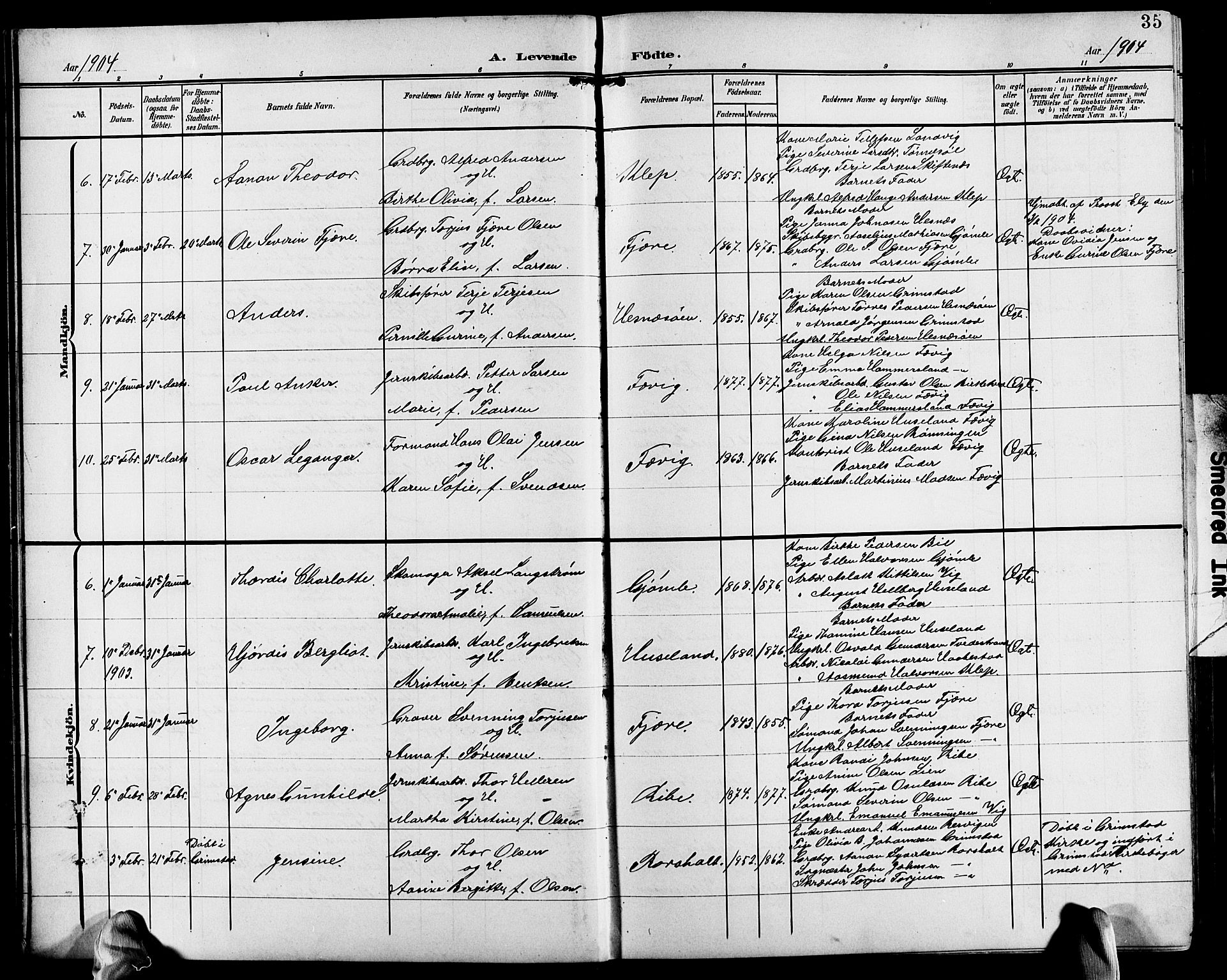 Fjære sokneprestkontor, SAK/1111-0011/F/Fb/L0012: Parish register (copy) no. B 12, 1902-1925, p. 35