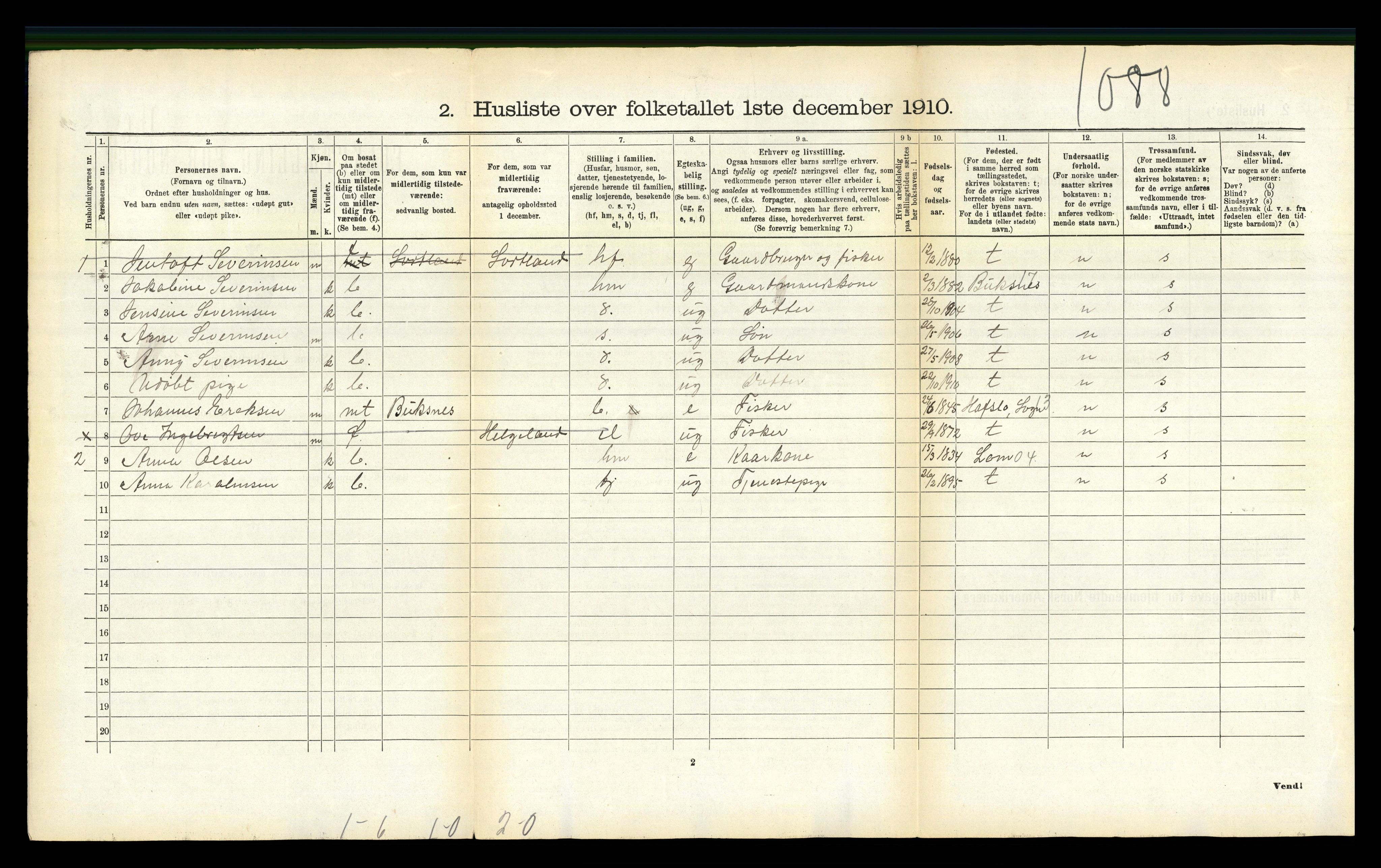 RA, 1910 census for Hadsel, 1910, p. 2198