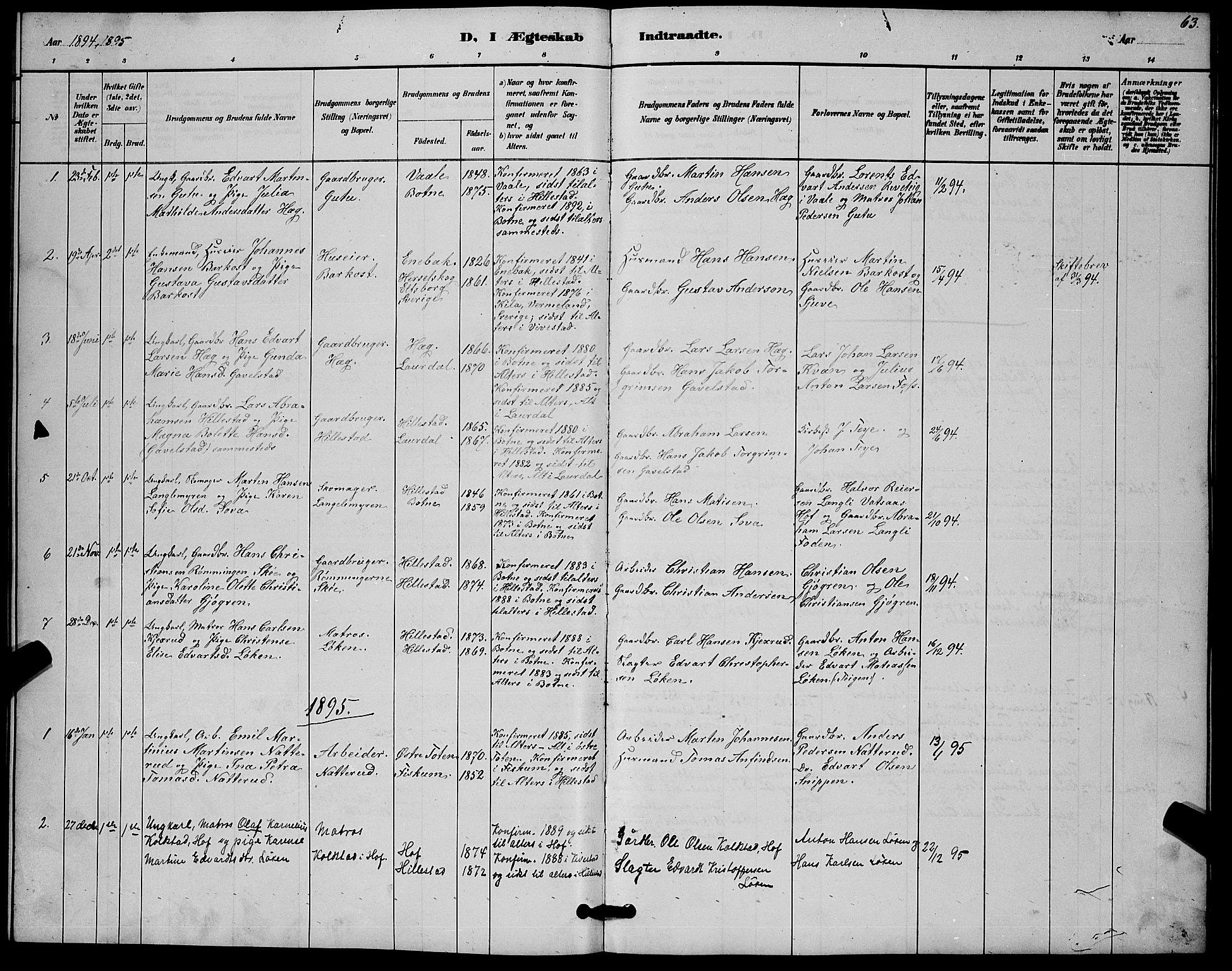 Botne kirkebøker, SAKO/A-340/G/Gb/L0003: Parish register (copy) no. II 3, 1887-1899, p. 63