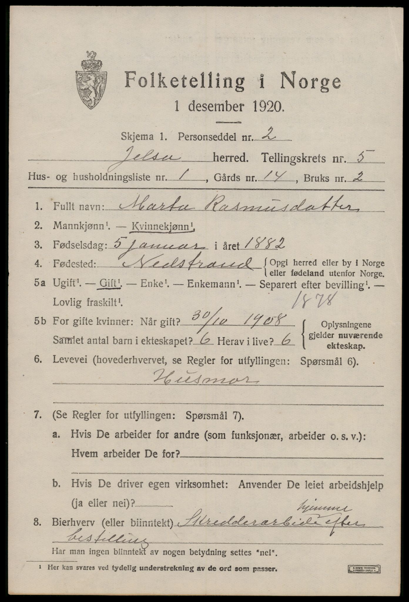 SAST, 1920 census for Jelsa, 1920, p. 1426