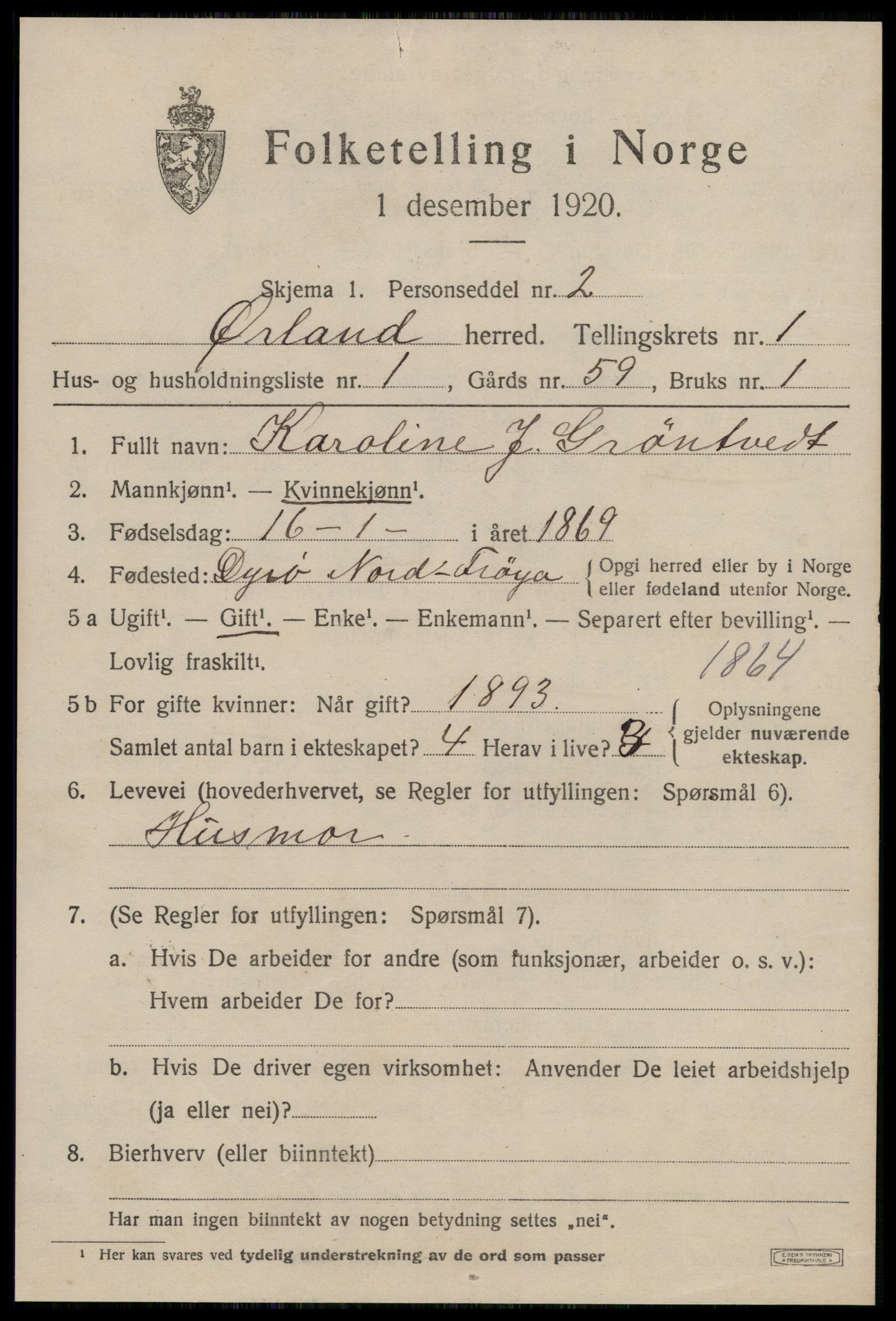 SAT, 1920 census for Ørland, 1920, p. 1345