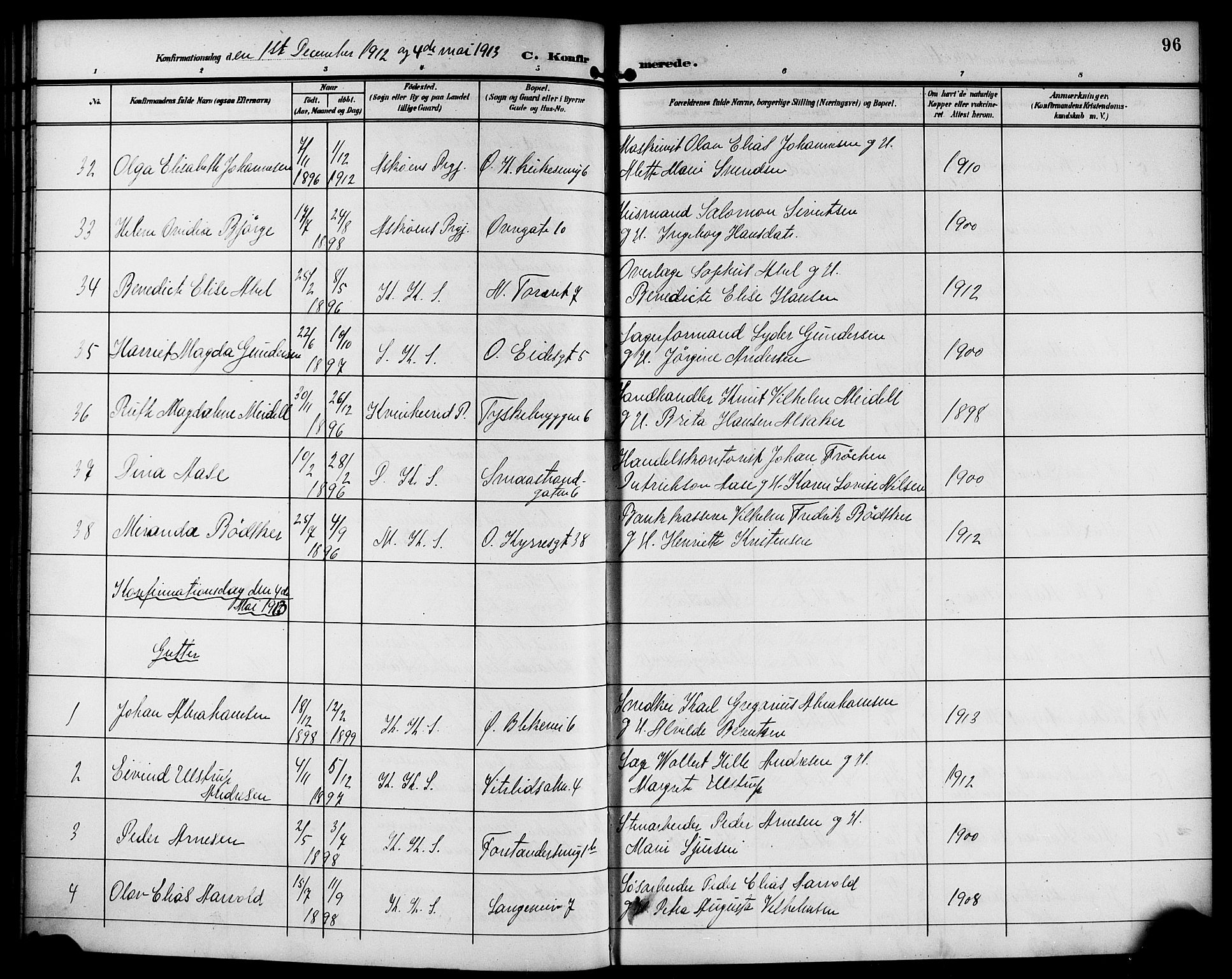 Korskirken sokneprestembete, SAB/A-76101/H/Haa/L0031: Parish register (official) no. C 7, 1907-1921, p. 96