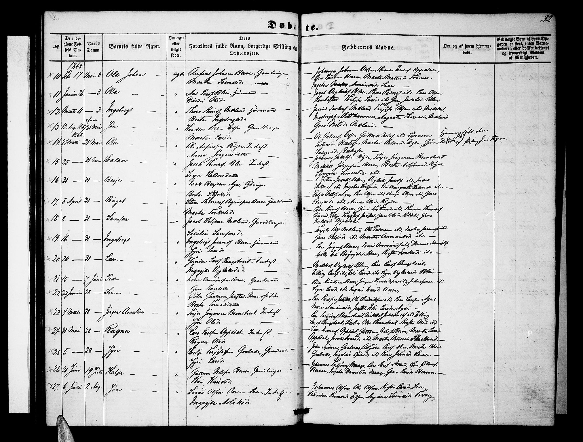 Ullensvang sokneprestembete, SAB/A-78701/H/Hab: Parish register (copy) no. B 10, 1858-1886, p. 32