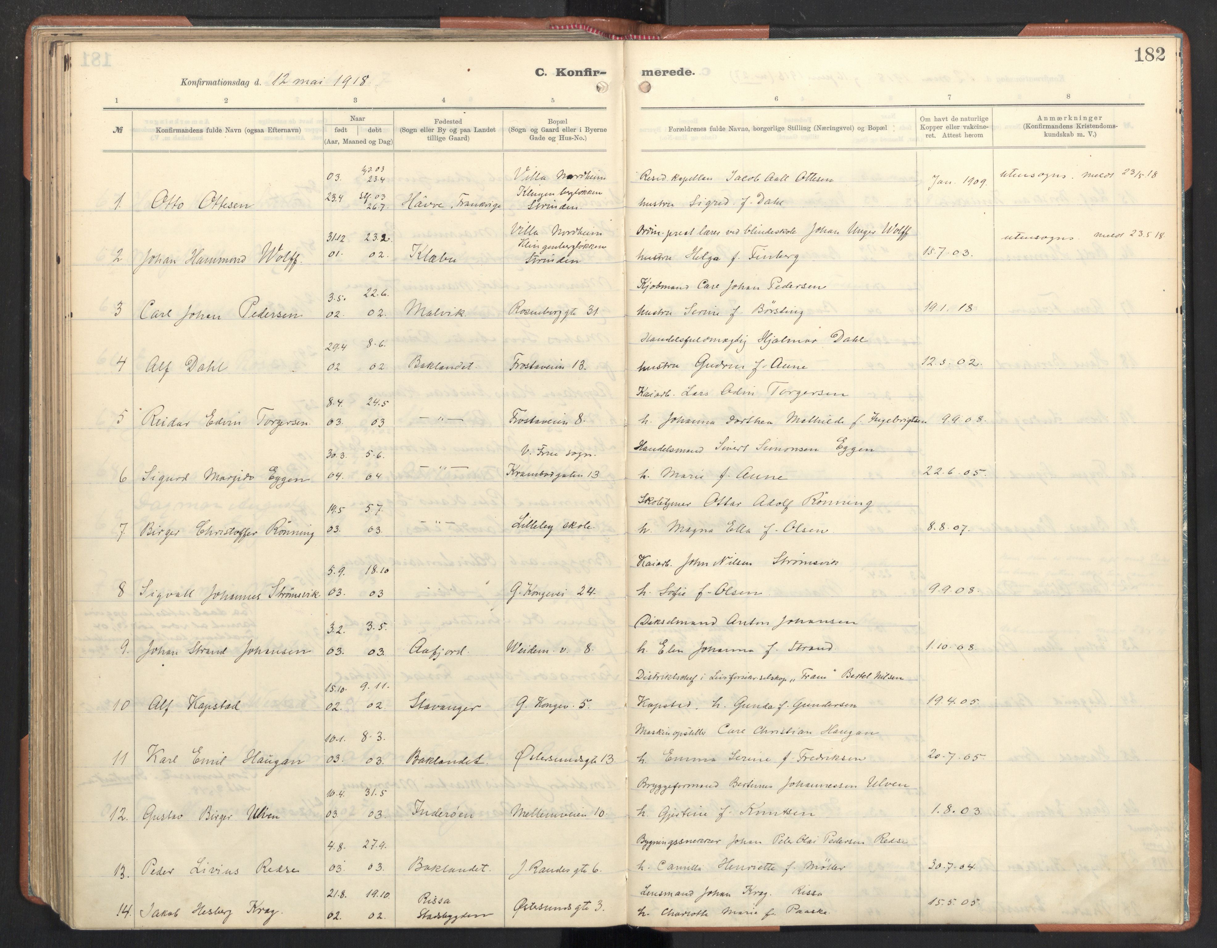 Ministerialprotokoller, klokkerbøker og fødselsregistre - Sør-Trøndelag, SAT/A-1456/605/L0246: Parish register (official) no. 605A08, 1916-1920, p. 182
