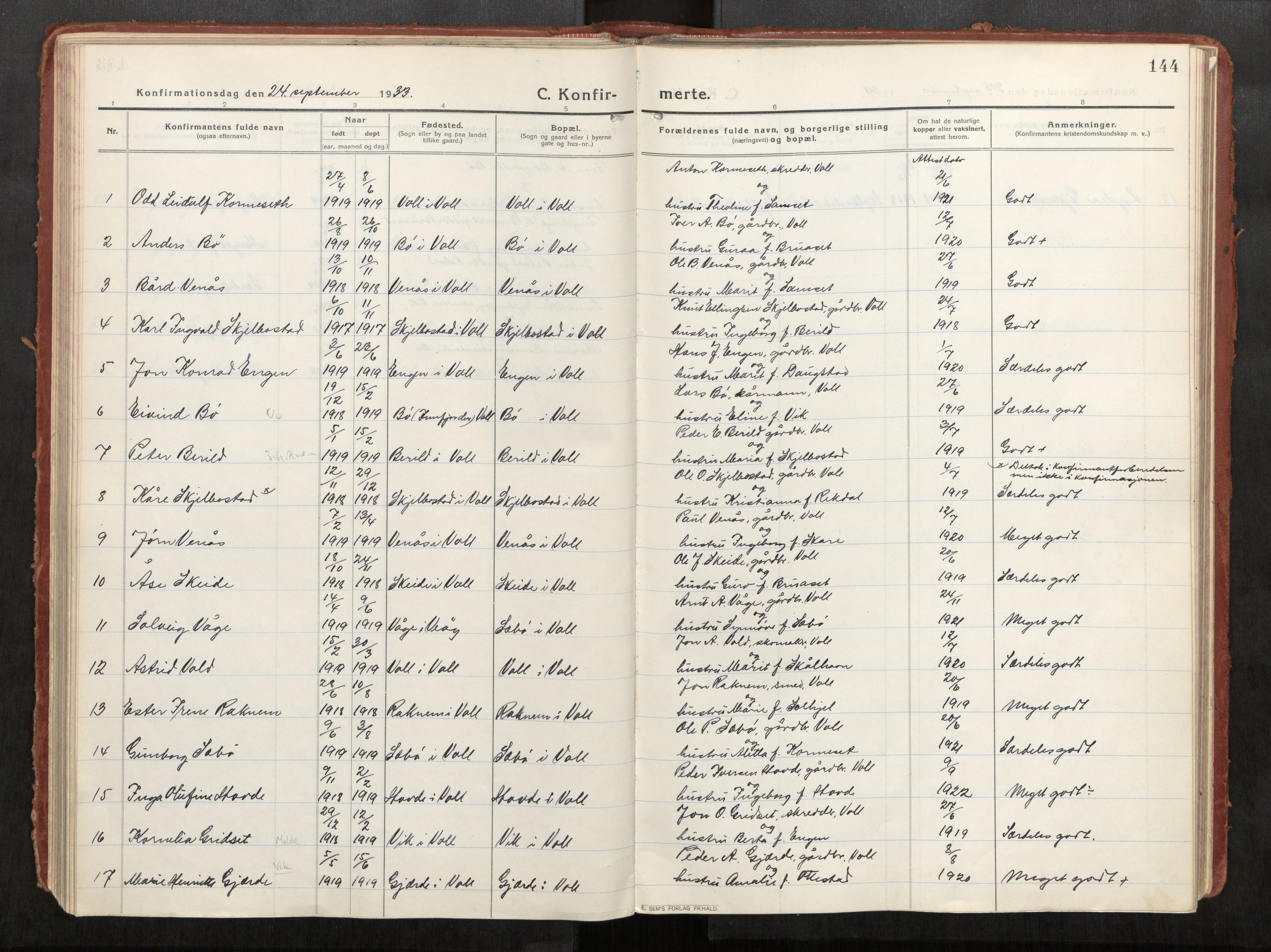 Eid sokneprestkontor, AV/SAT-A-1254: Parish register (official) no. 543A04, 1916-1956, p. 144