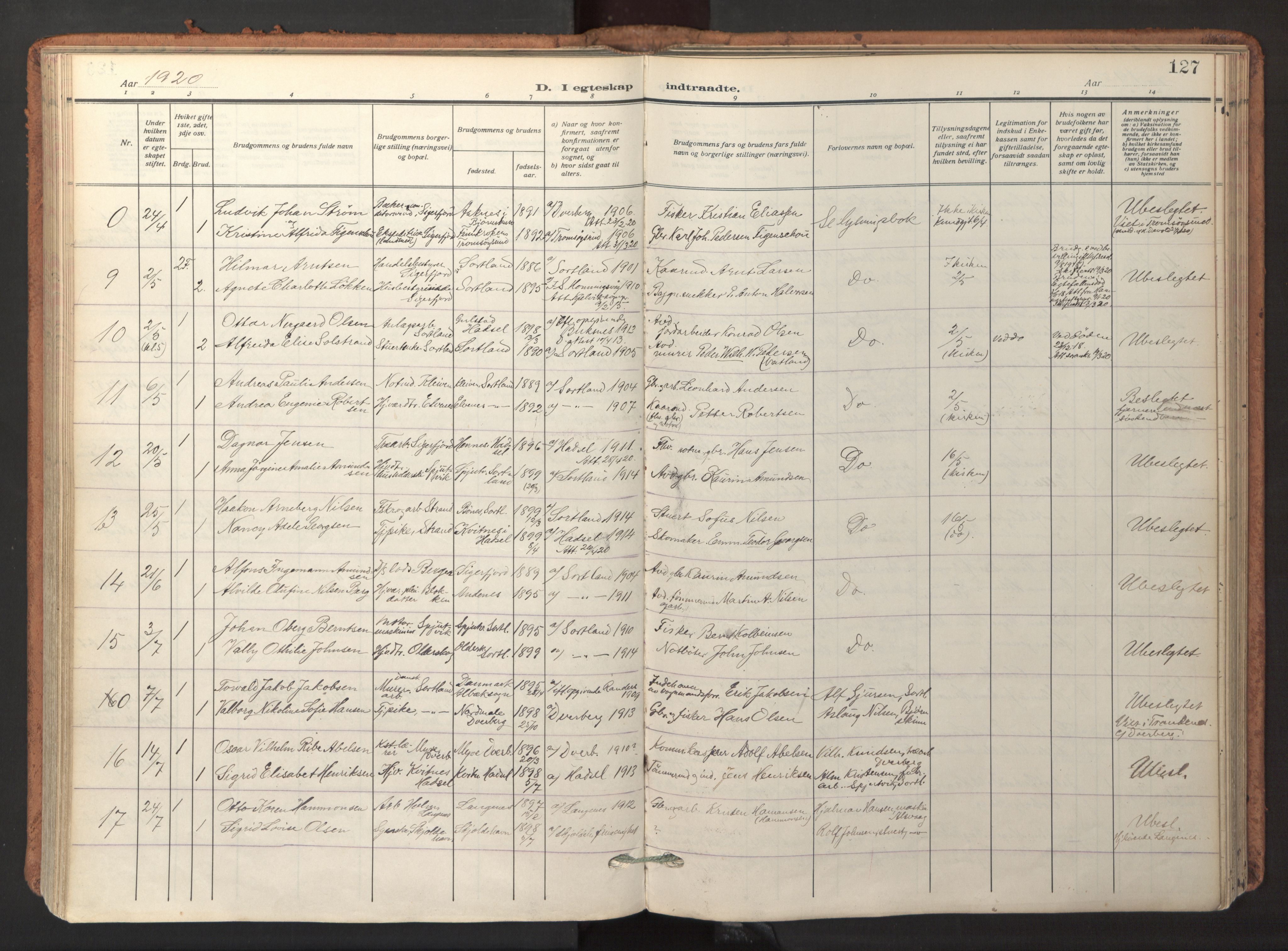 Ministerialprotokoller, klokkerbøker og fødselsregistre - Nordland, AV/SAT-A-1459/895/L1374: Parish register (official) no. 895A09, 1915-1925, p. 127