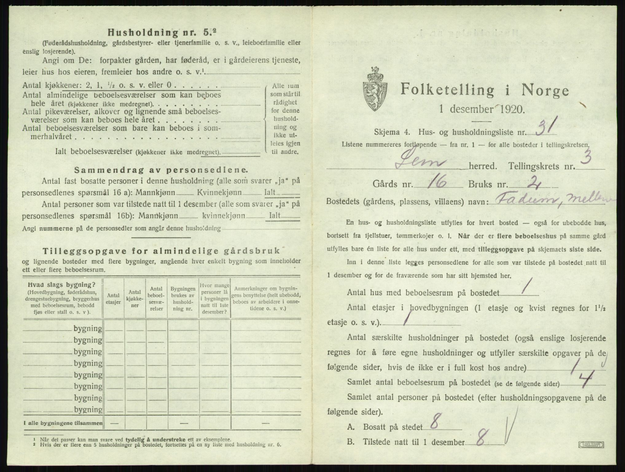SAKO, 1920 census for Sem, 1920, p. 696
