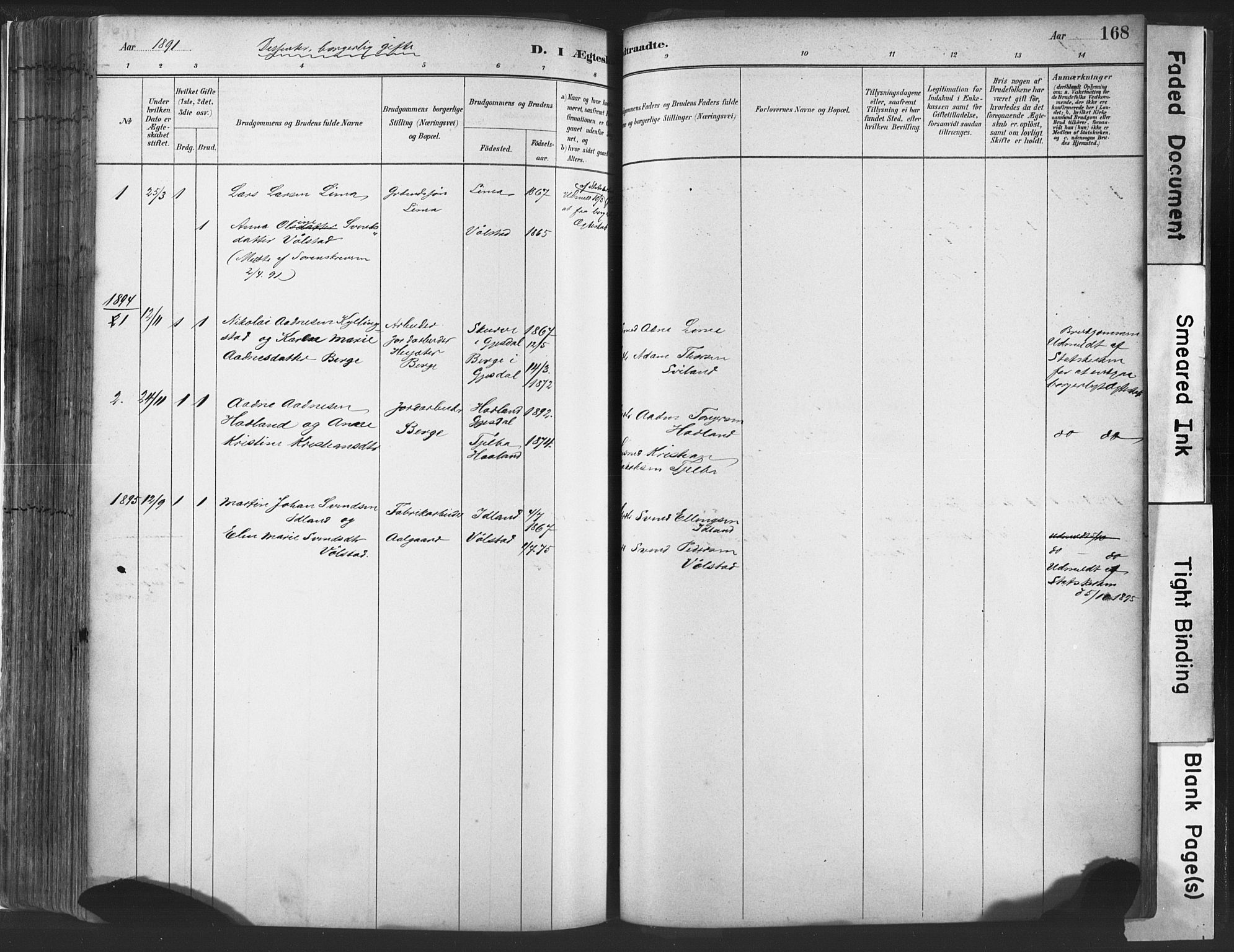 Lye sokneprestkontor, SAST/A-101794/001/30BA/L0010: Parish register (official) no. A 10, 1881-1896, p. 168