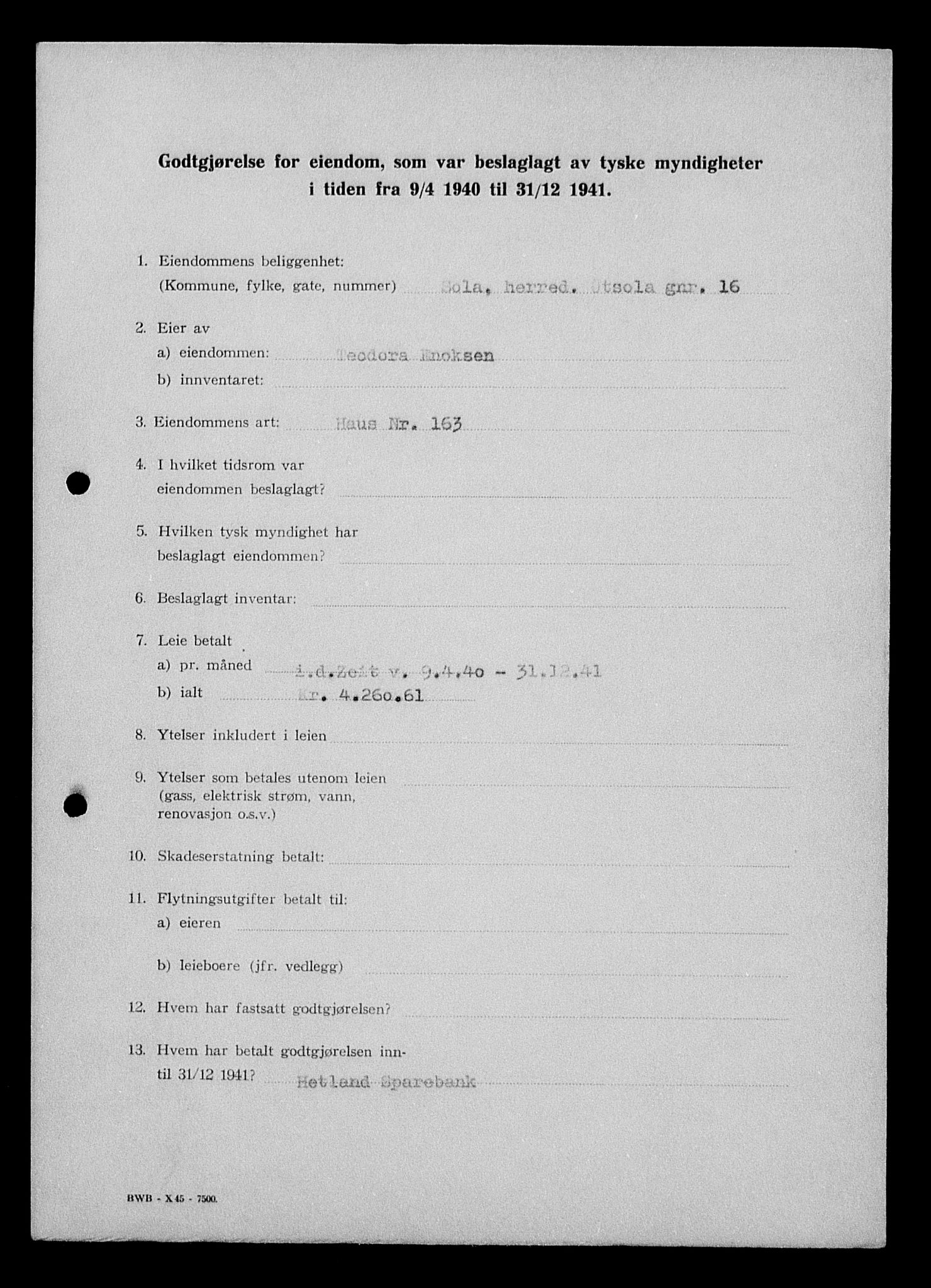 Justisdepartementet, Tilbakeføringskontoret for inndratte formuer, AV/RA-S-1564/I/L1014: Godtgjørelse for beslaglagt eiendom, 1940-1941, p. 245