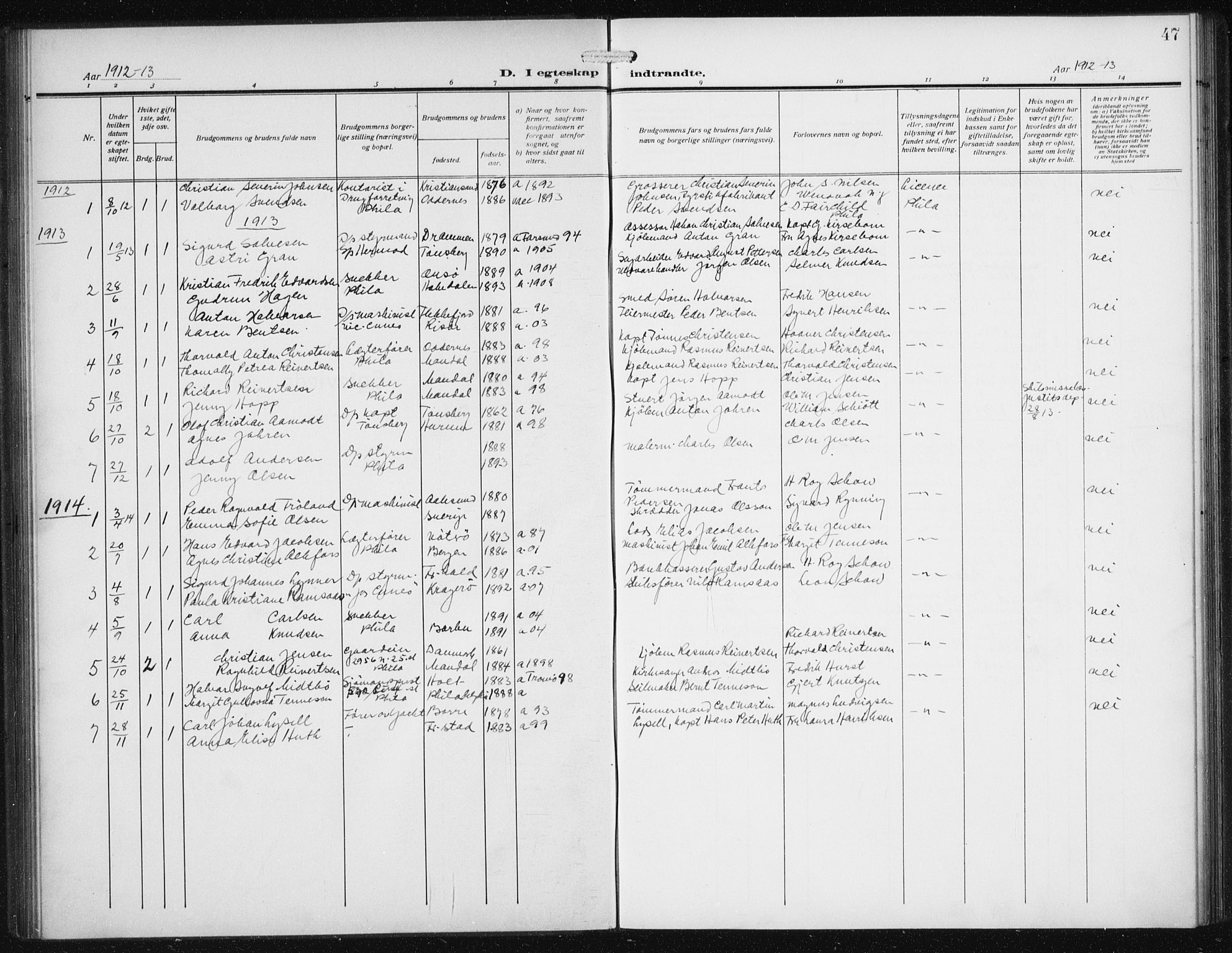 Den norske sjømannsmisjon i utlandet/Philadelphia, SAB/SAB/PA-0113/H/Ha/L0001: Parish register (official) no. A 1, 1912-1931, p. 47