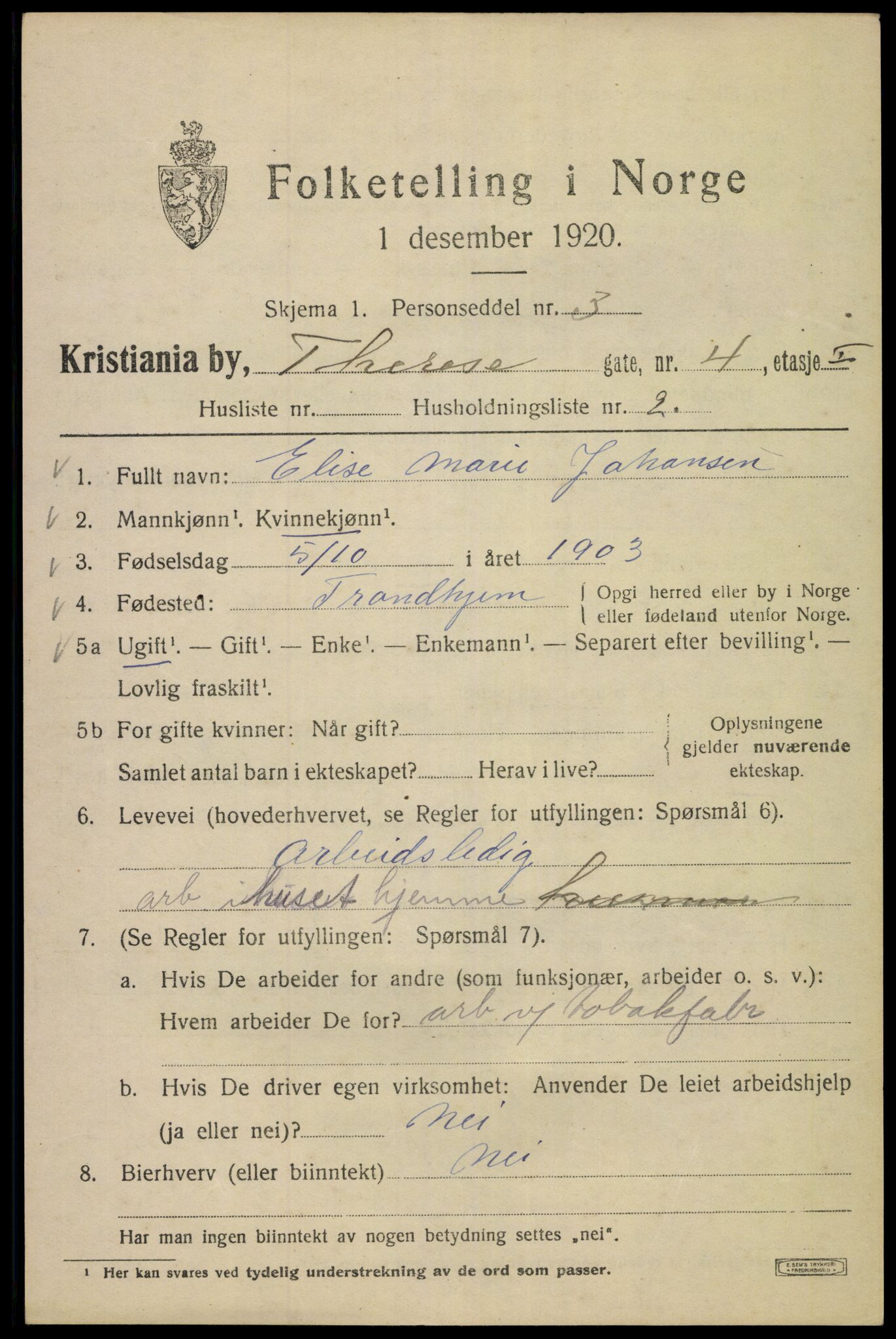 SAO, 1920 census for Kristiania, 1920, p. 566087