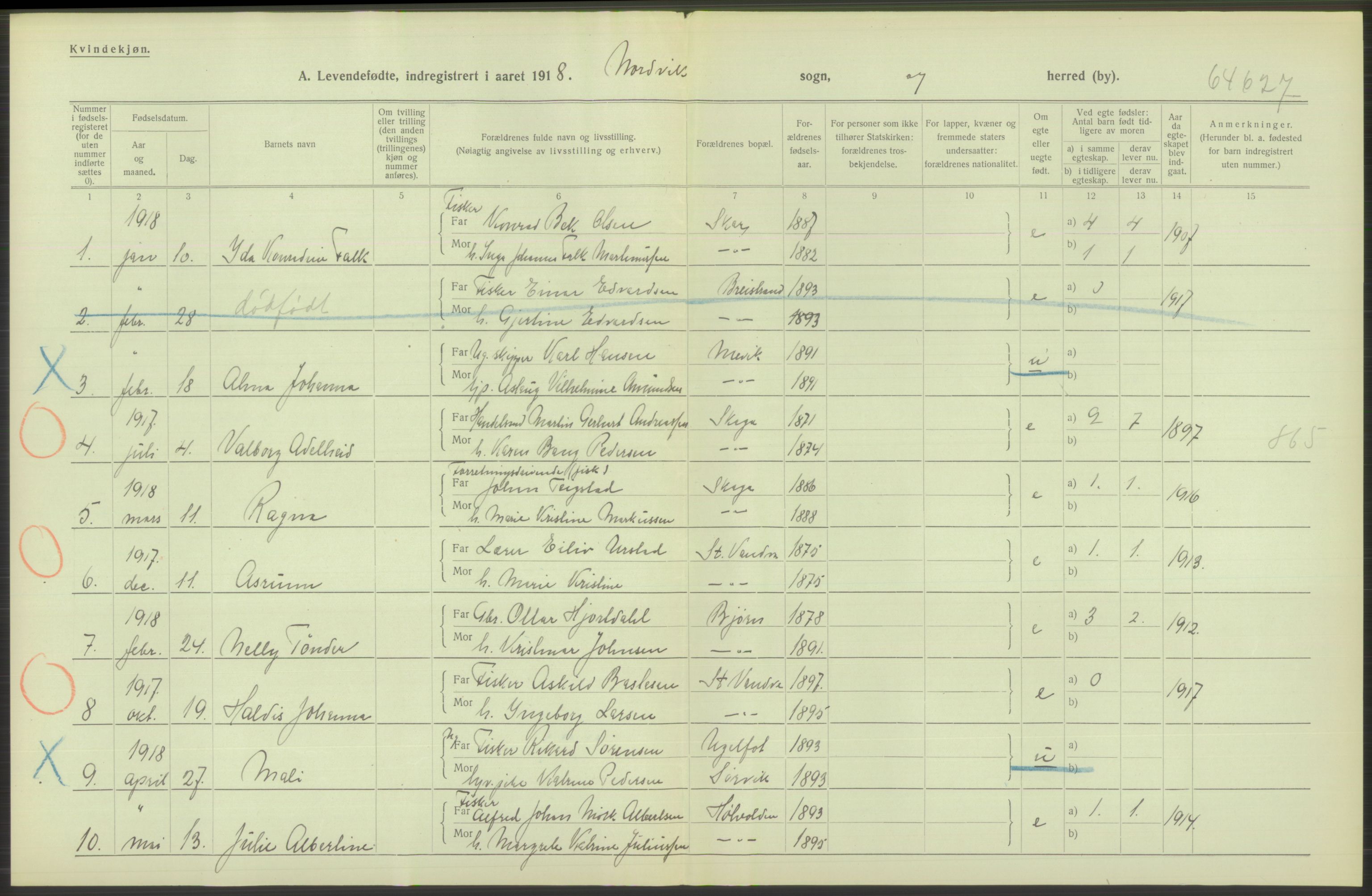 Statistisk sentralbyrå, Sosiodemografiske emner, Befolkning, RA/S-2228/D/Df/Dfb/Dfbh/L0052: Nordland fylke: Levendefødte menn og kvinner. Bygder., 1918, p. 630