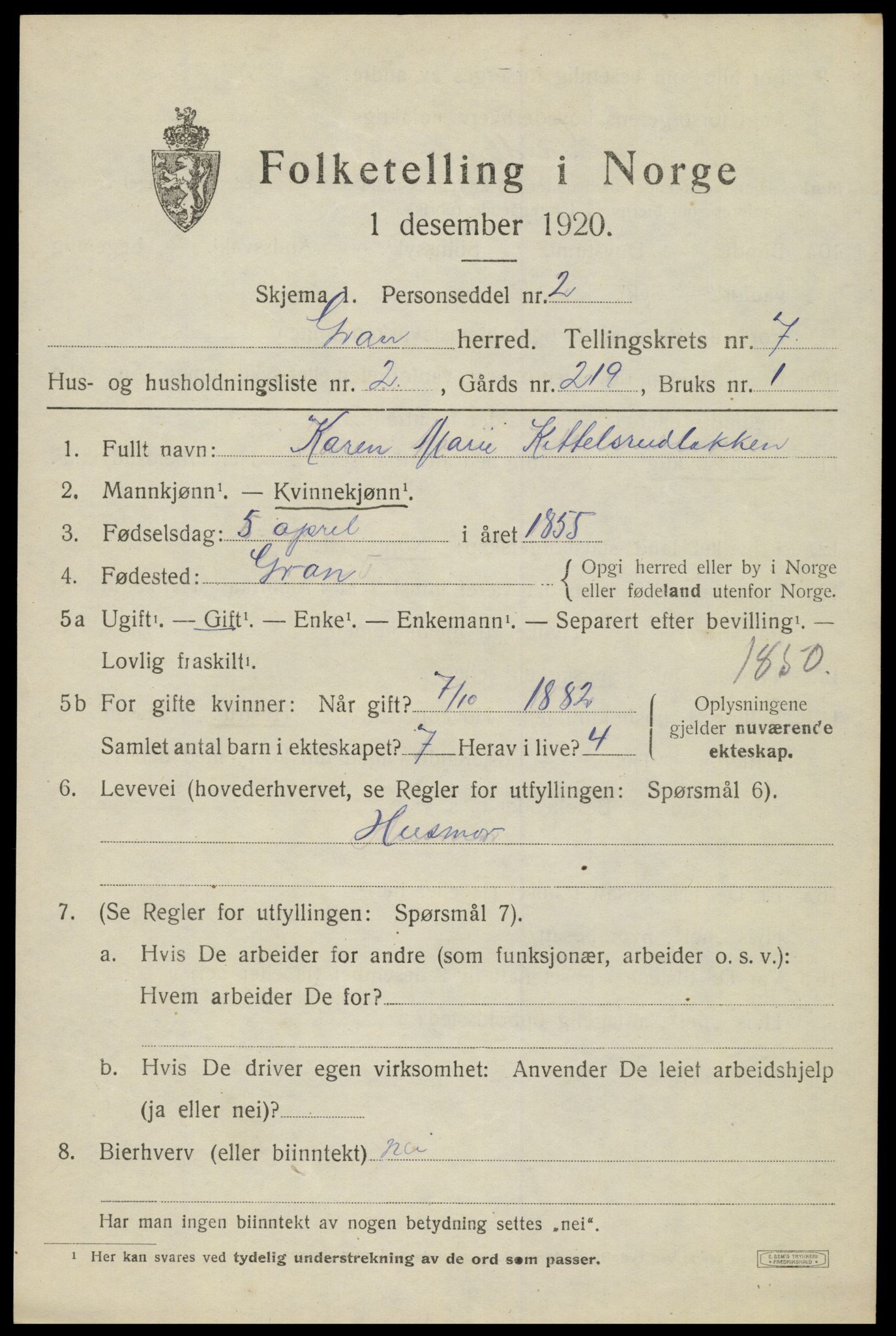 SAH, 1920 census for Gran, 1920, p. 9467