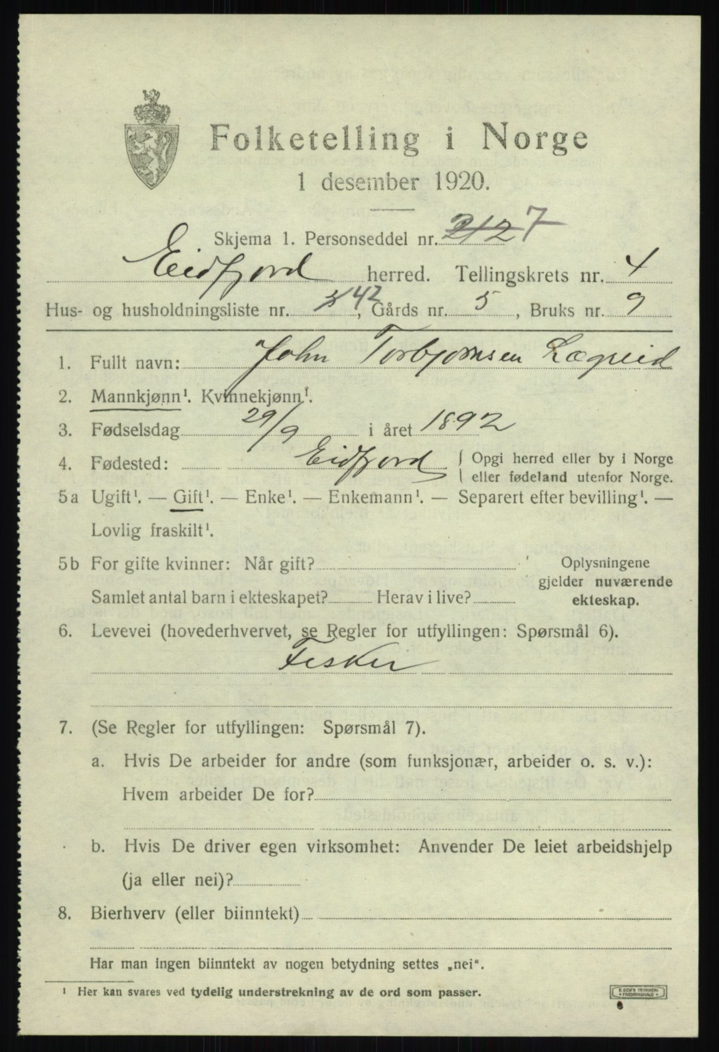 SAB, 1920 census for Eidfjord, 1920, p. 1746