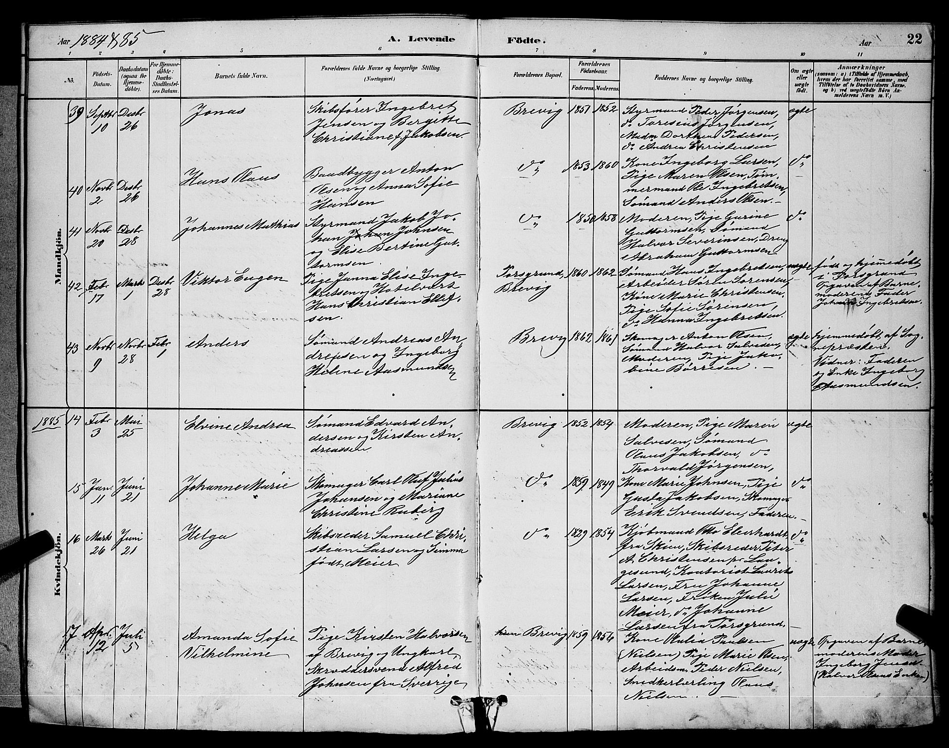 Brevik kirkebøker, AV/SAKO-A-255/G/Ga/L0004: Parish register (copy) no. 4, 1882-1900, p. 22