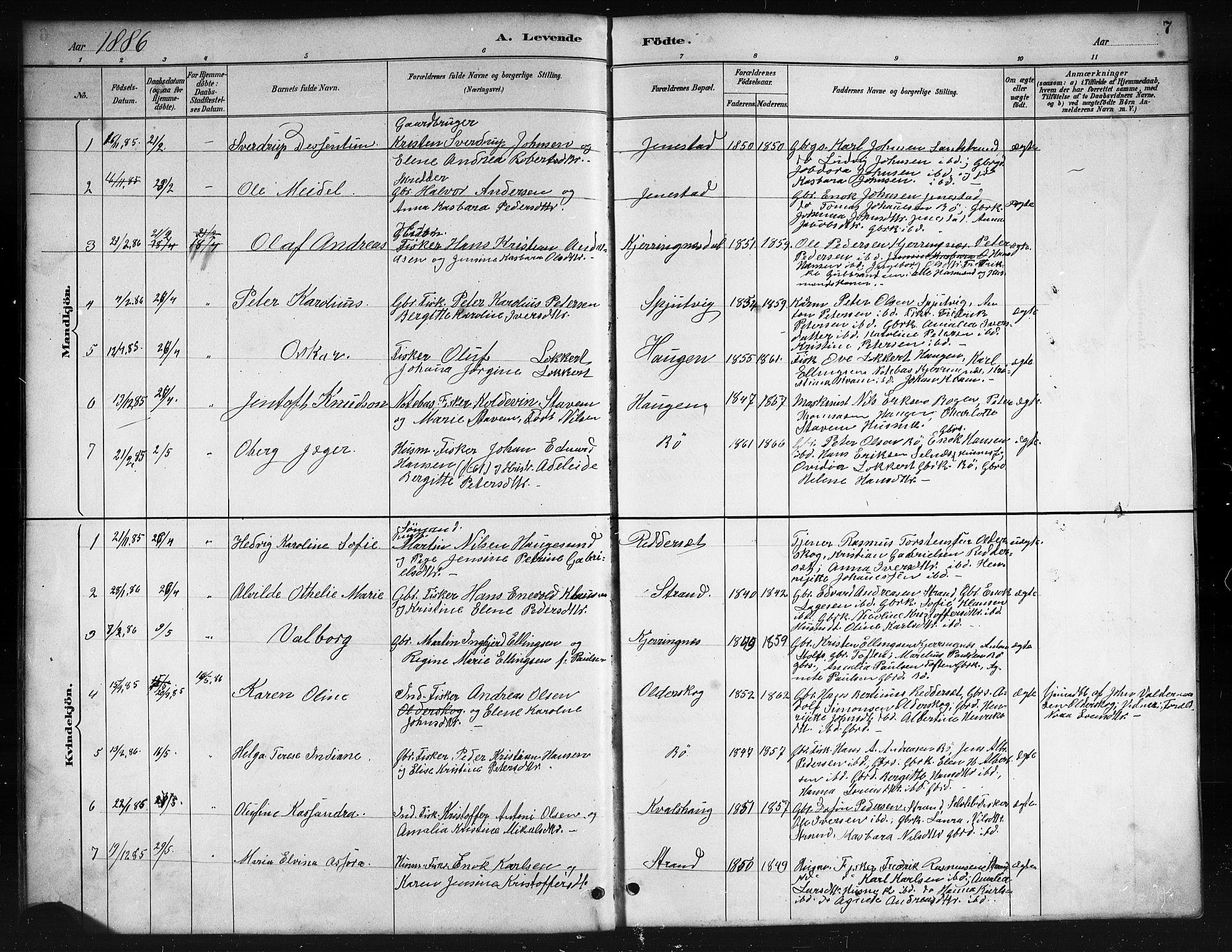 Ministerialprotokoller, klokkerbøker og fødselsregistre - Nordland, AV/SAT-A-1459/895/L1382: Parish register (copy) no. 895C04, 1885-1896, p. 7