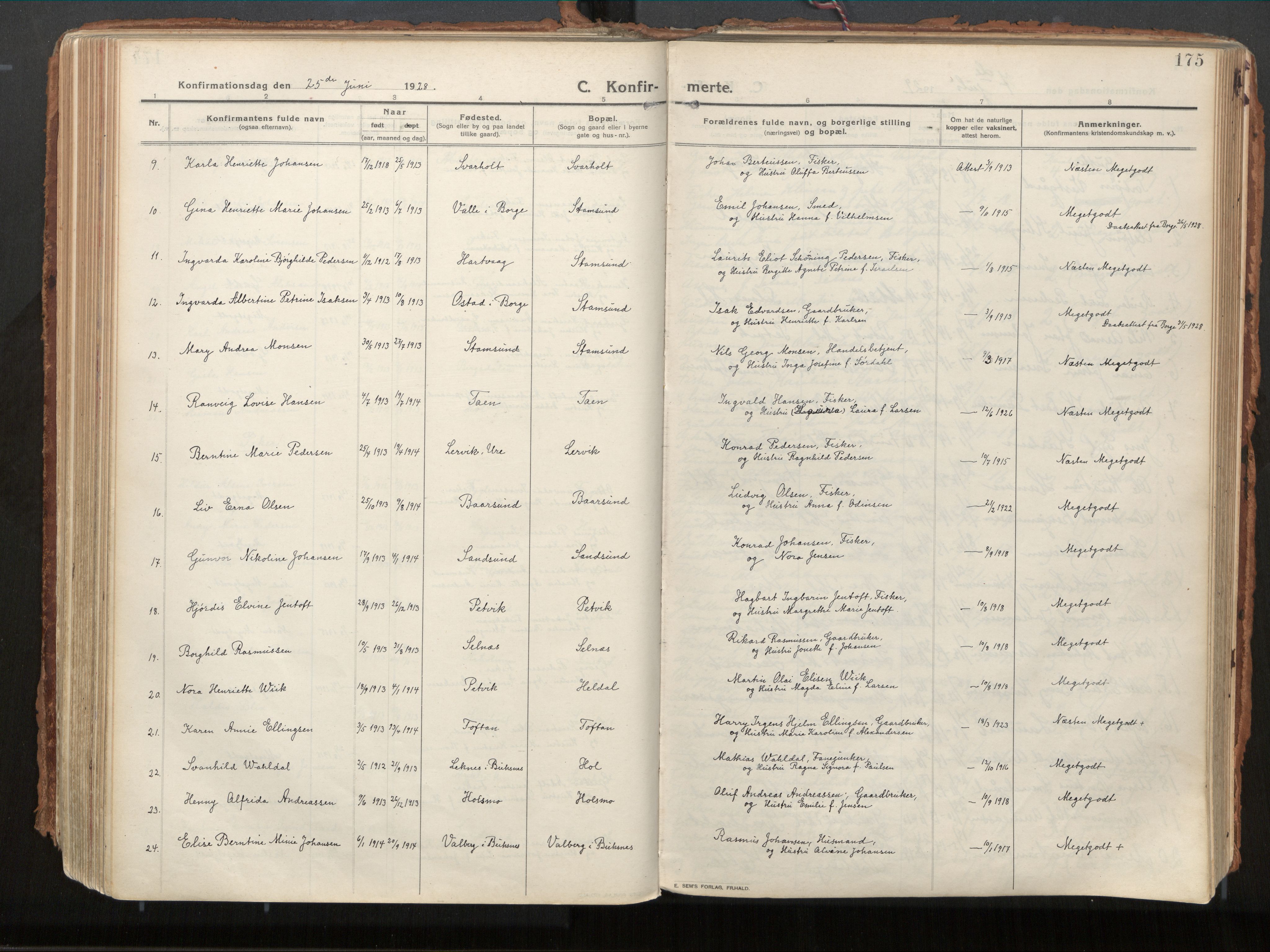 Ministerialprotokoller, klokkerbøker og fødselsregistre - Nordland, AV/SAT-A-1459/882/L1181: Parish register (official) no. 882A03, 1913-1937, p. 175