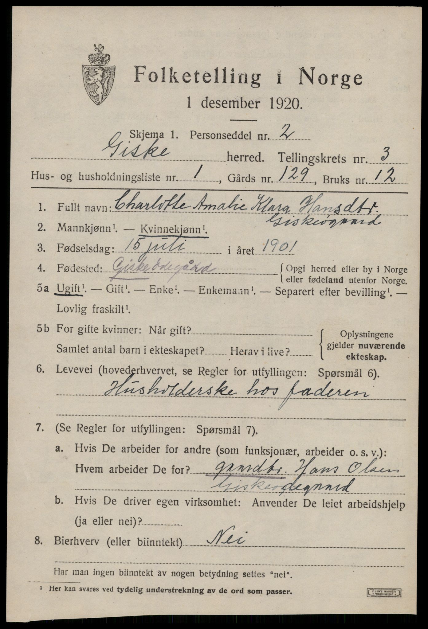 SAT, 1920 census for Giske, 1920, p. 1652