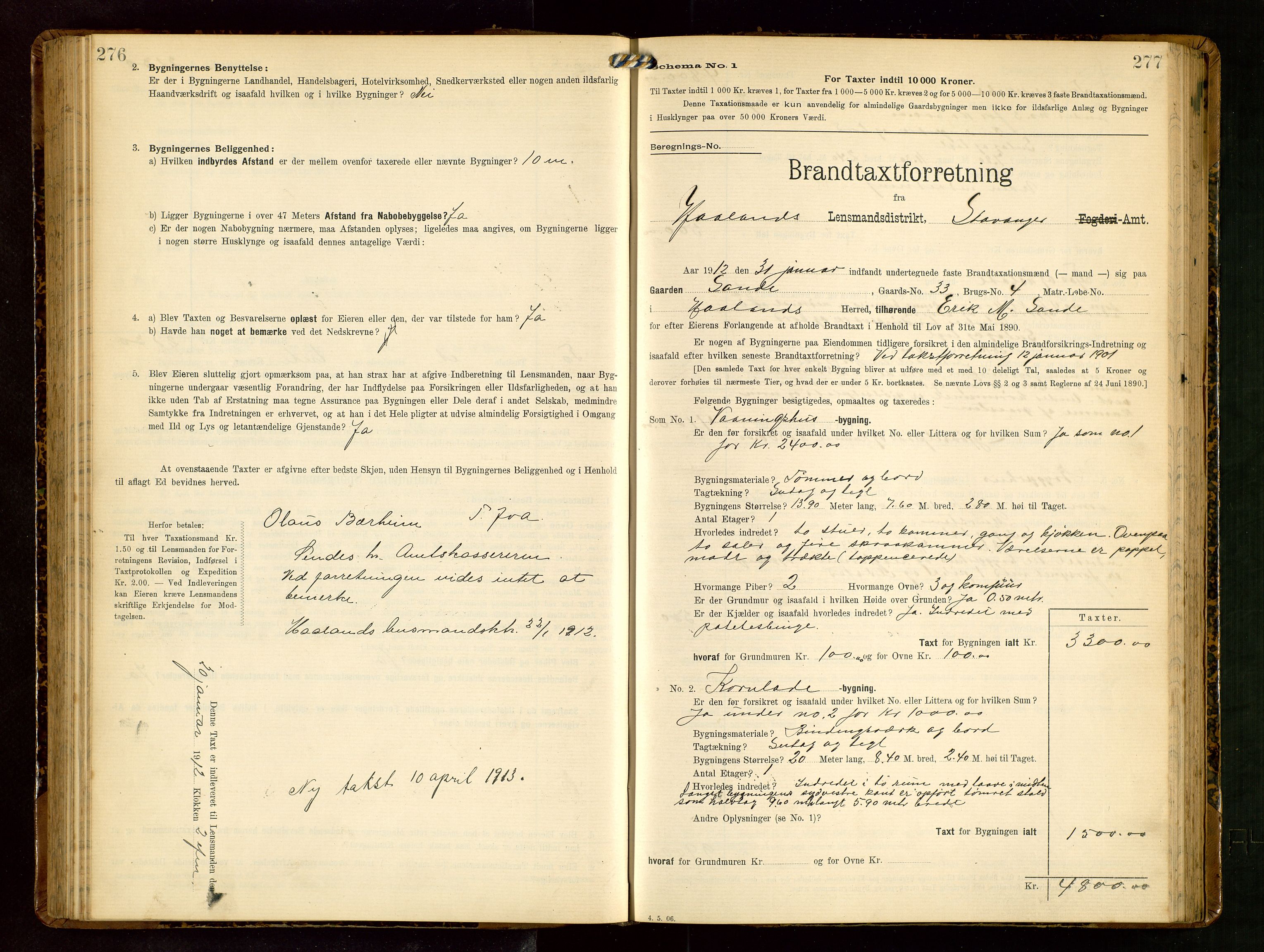 Håland lensmannskontor, SAST/A-100100/Gob/L0003: Branntakstprotokoll - skjematakst. Register i boken., 1909-1910, p. 276-277