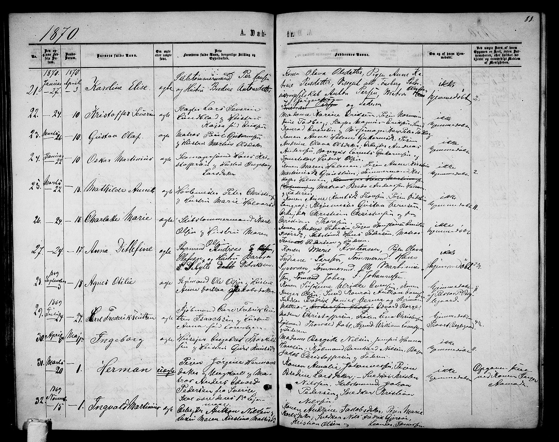 Tønsberg kirkebøker, AV/SAKO-A-330/G/Ga/L0004: Parish register (copy) no. 4, 1865-1874, p. 88