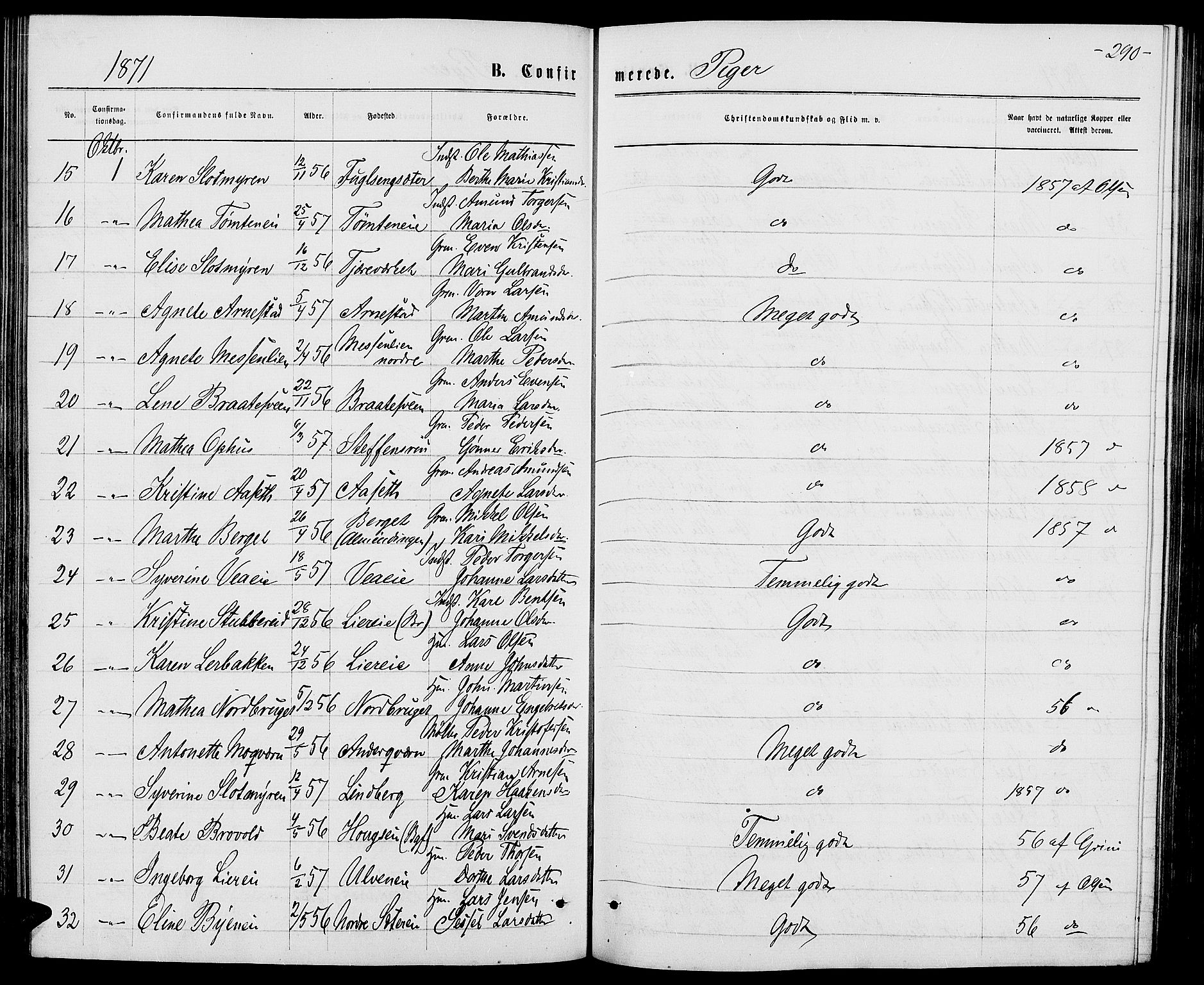 Ringsaker prestekontor, AV/SAH-PREST-014/L/La/L0008: Parish register (copy) no. 8, 1870-1878, p. 290