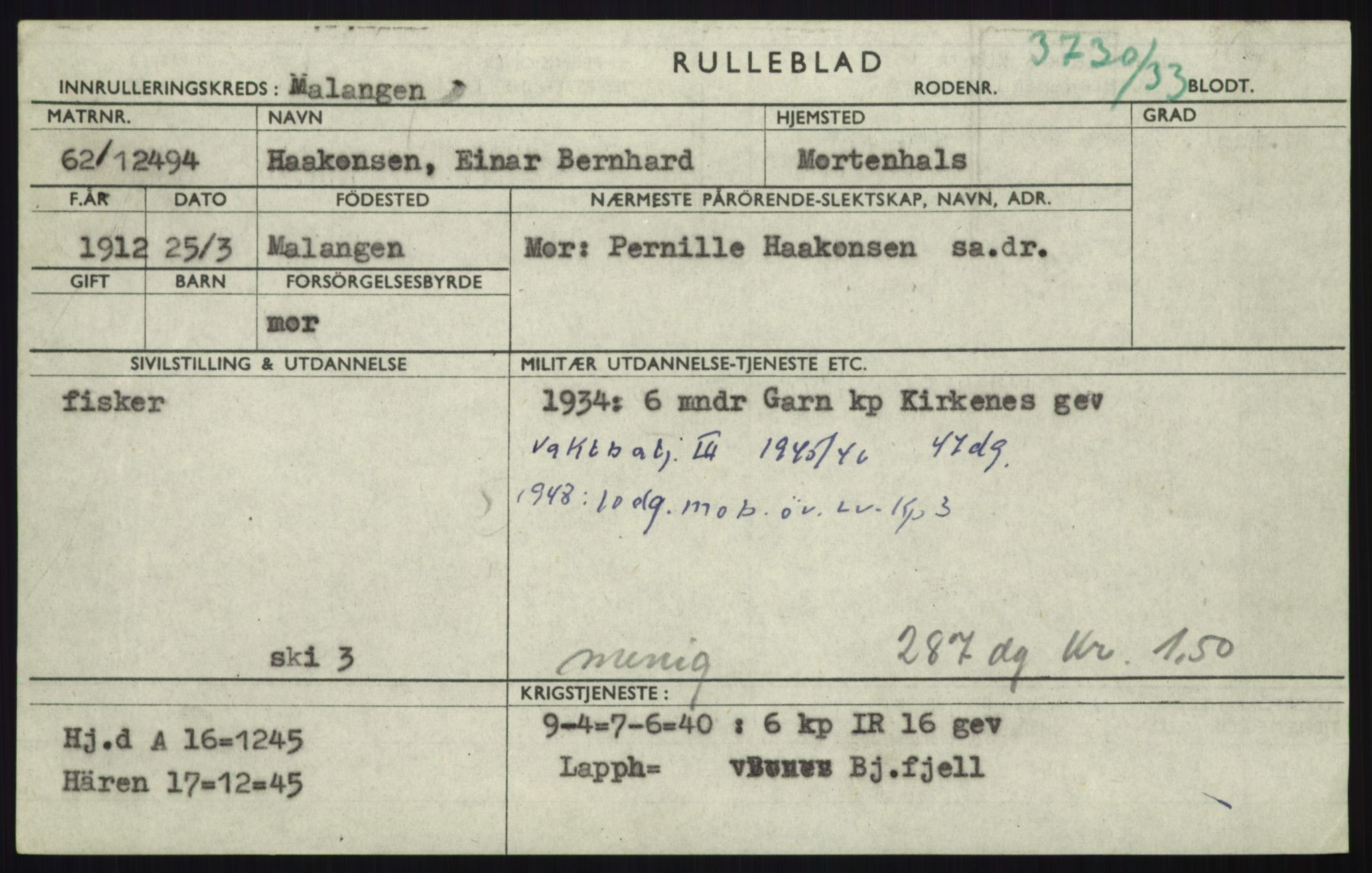 Forsvaret, Troms infanteriregiment nr. 16, AV/RA-RAFA-3146/P/Pa/L0017: Rulleblad for regimentets menige mannskaper, årsklasse 1933, 1933, p. 503