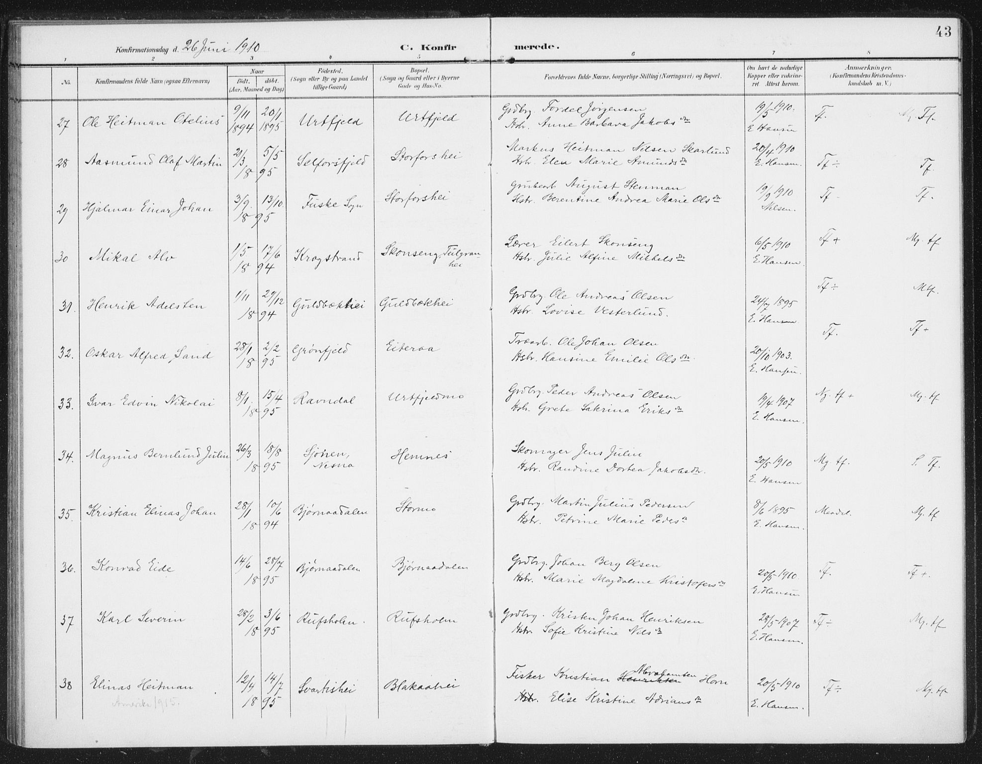 Ministerialprotokoller, klokkerbøker og fødselsregistre - Nordland, AV/SAT-A-1459/827/L0403: Parish register (official) no. 827A15, 1903-1912, p. 43