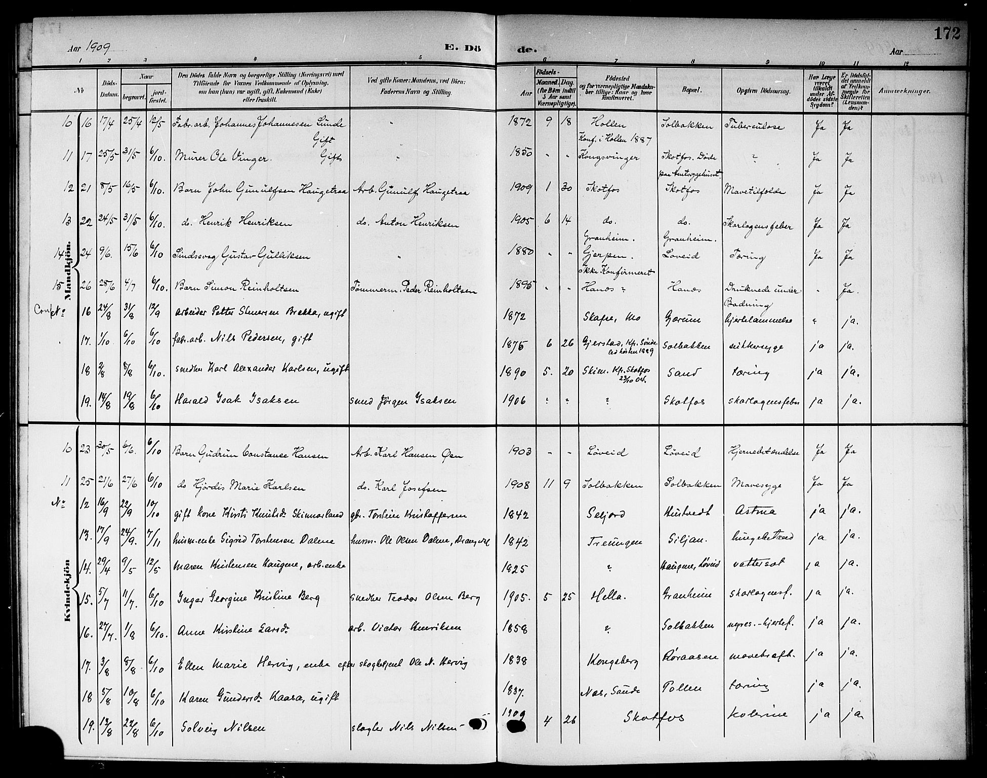 Solum kirkebøker, AV/SAKO-A-306/G/Gb/L0005: Parish register (copy) no. II 5, 1905-1914, p. 172