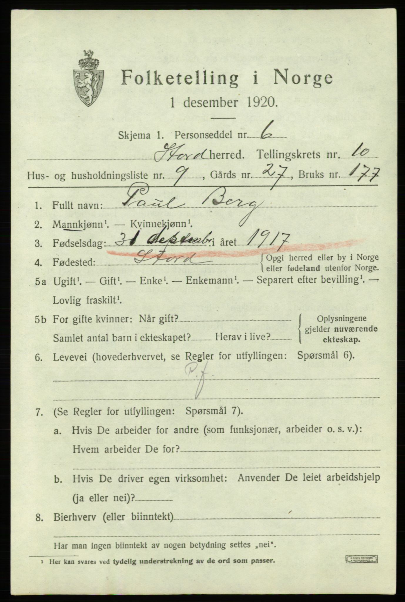 SAB, 1920 census for Stord, 1920, p. 5549